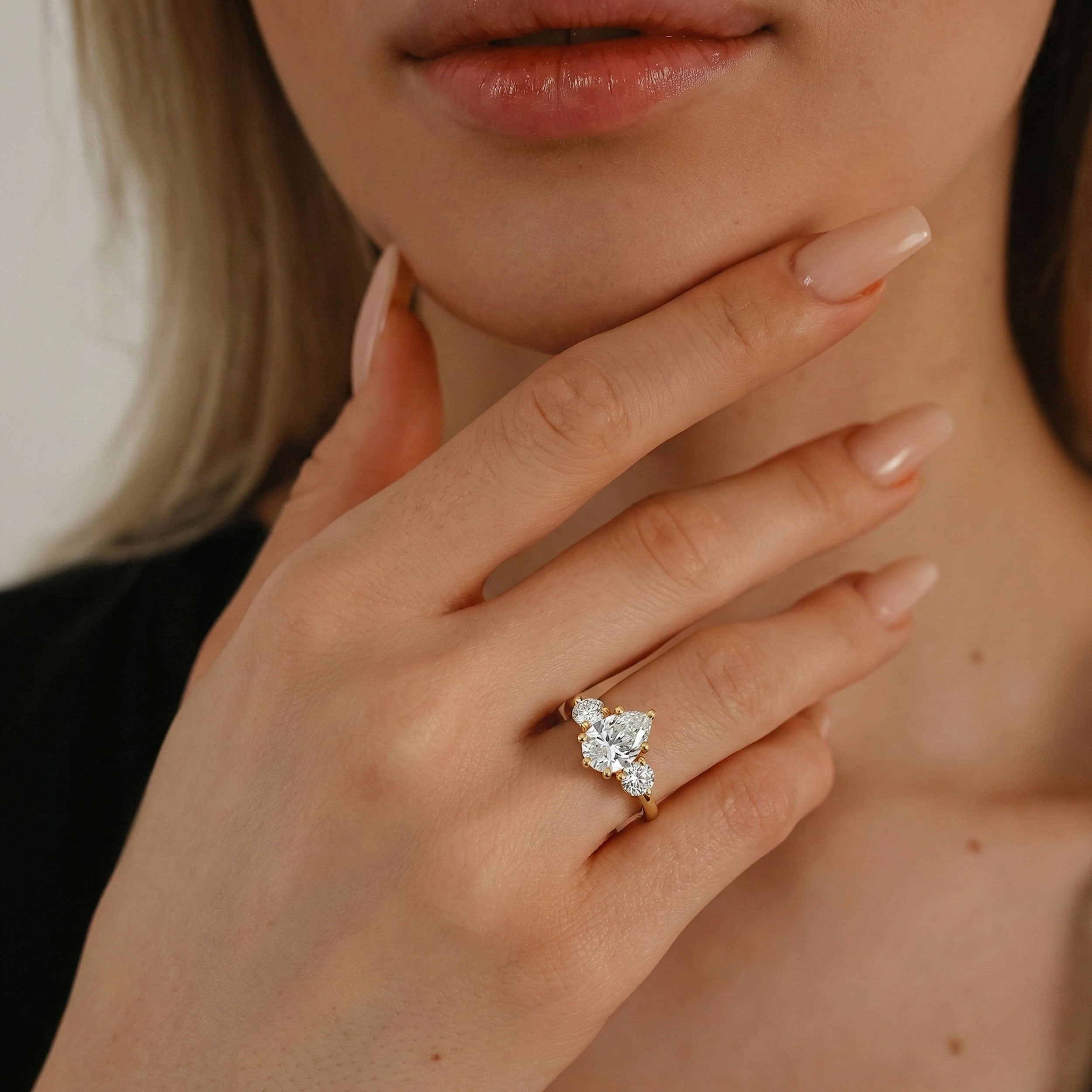 Nova Pear Cut Three Stone Engagement Ring, Low Set