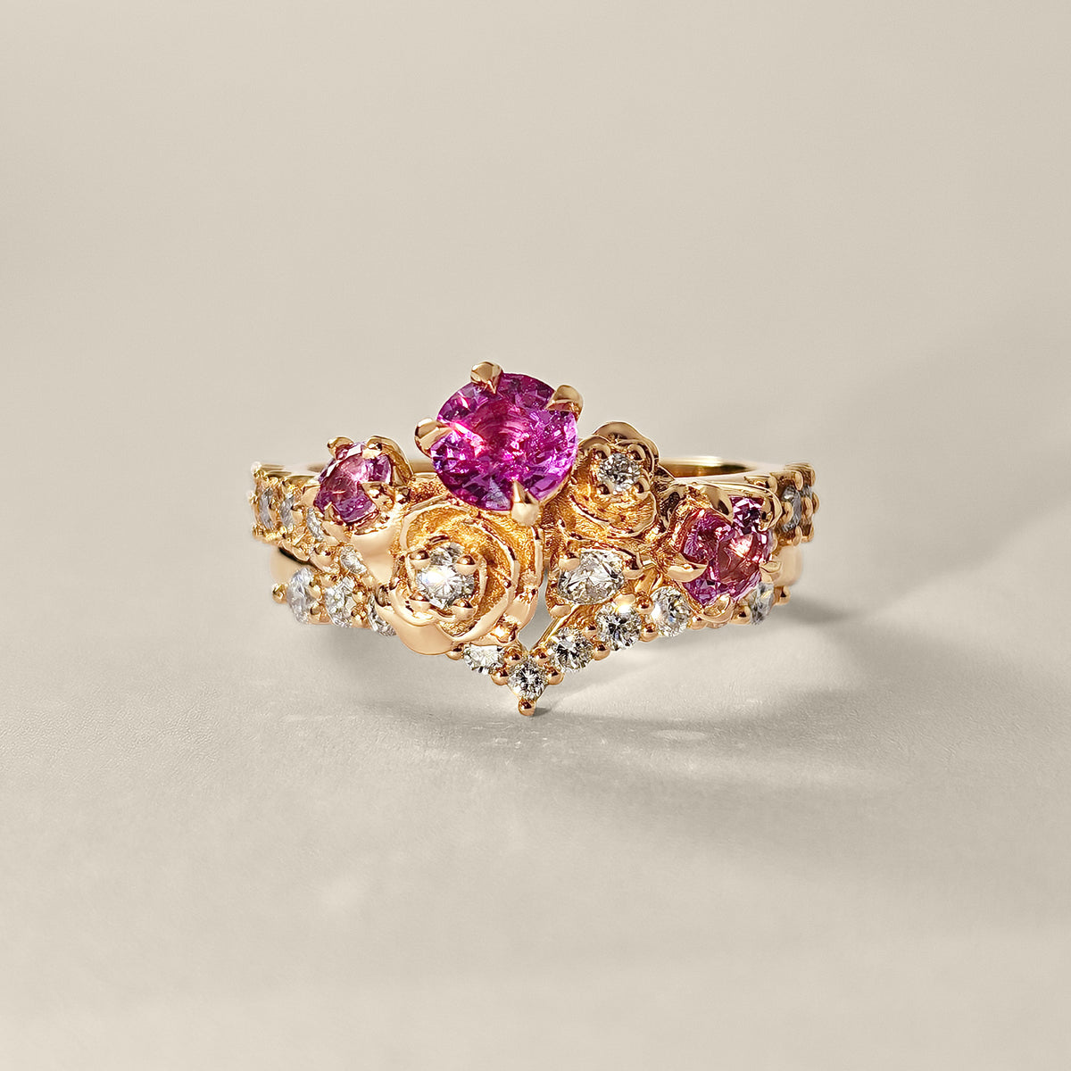 Rose Blossom Engagement Ring, Pink Sapphire & Natural Diamond