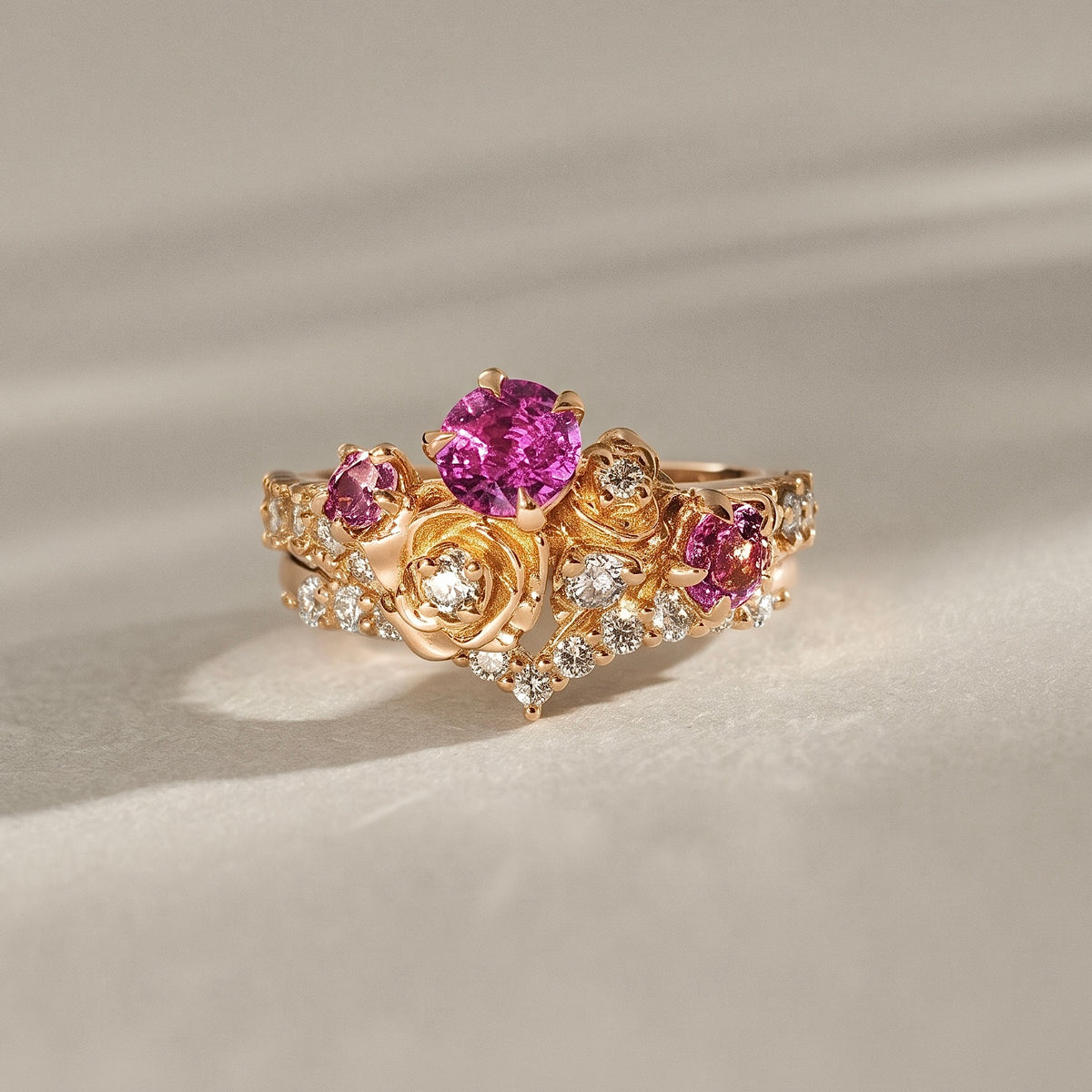 Rose Blossom Engagement Ring, Pink Sapphire & Natural Diamond