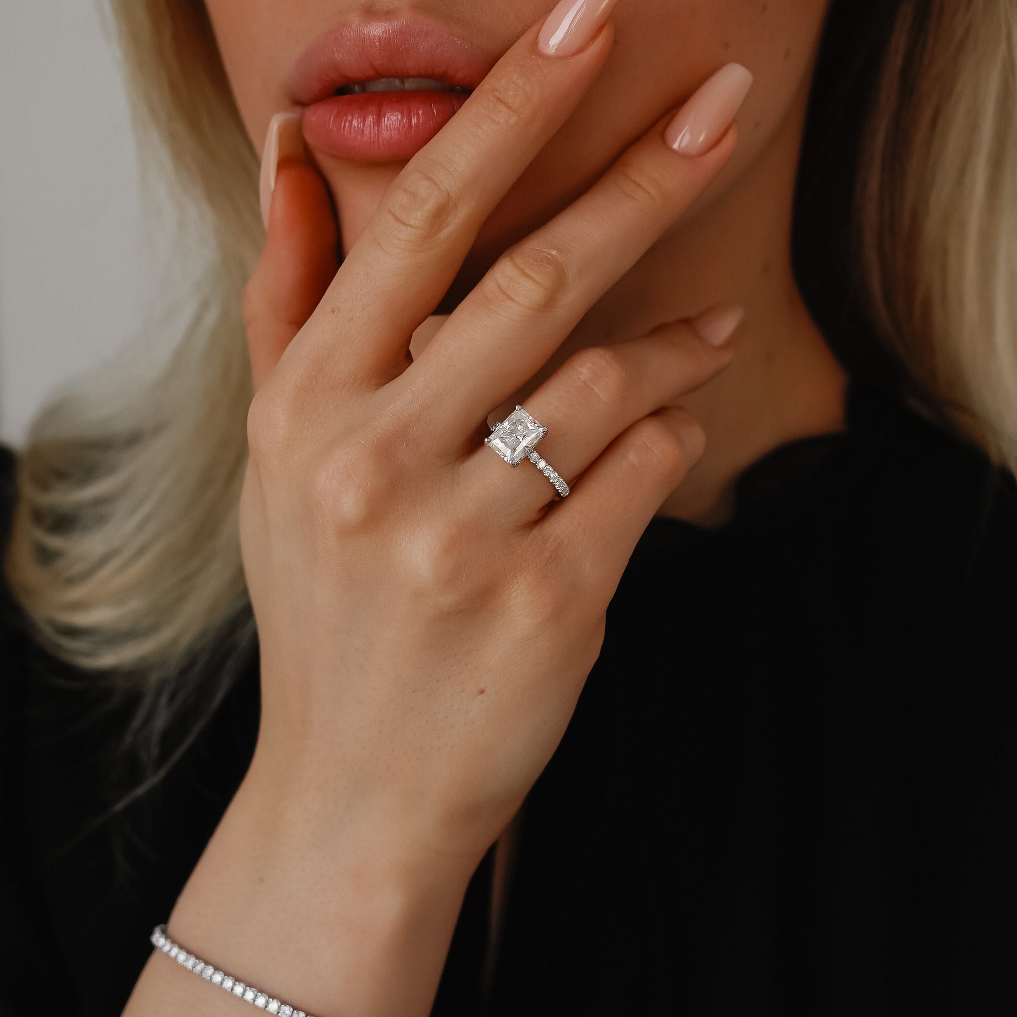 Lily Radiant Double Hidden Halo Engagement Ring, Moissanite/Lab Grown Diamond