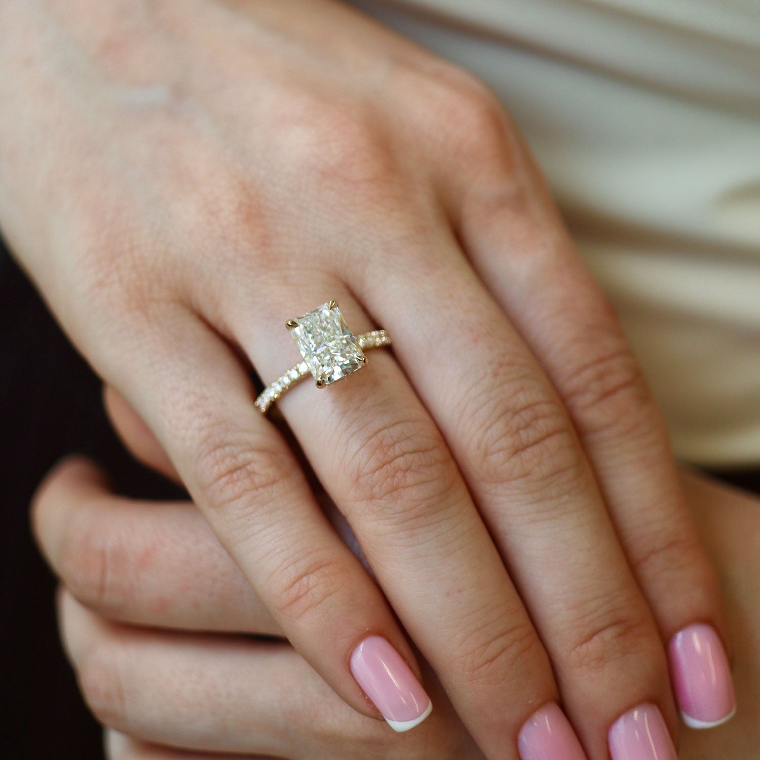 Vera Radiant Cut Cathedral Pavé Engagement Ring, Moissanite/Lab Grown Diamond