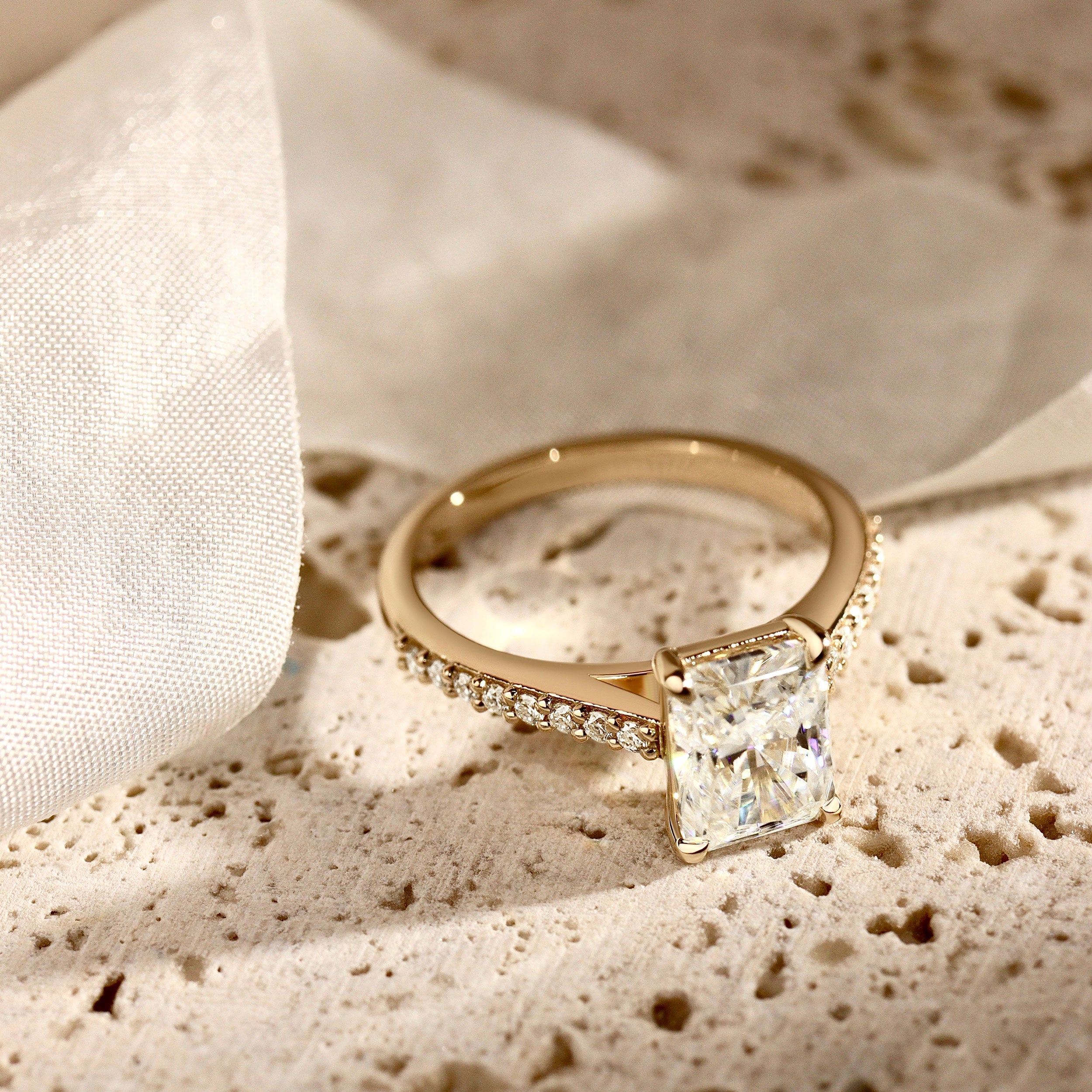 Delia Radiant Cut Cathedral Engagement Ring, Moissanite/Lab Grown Diamond