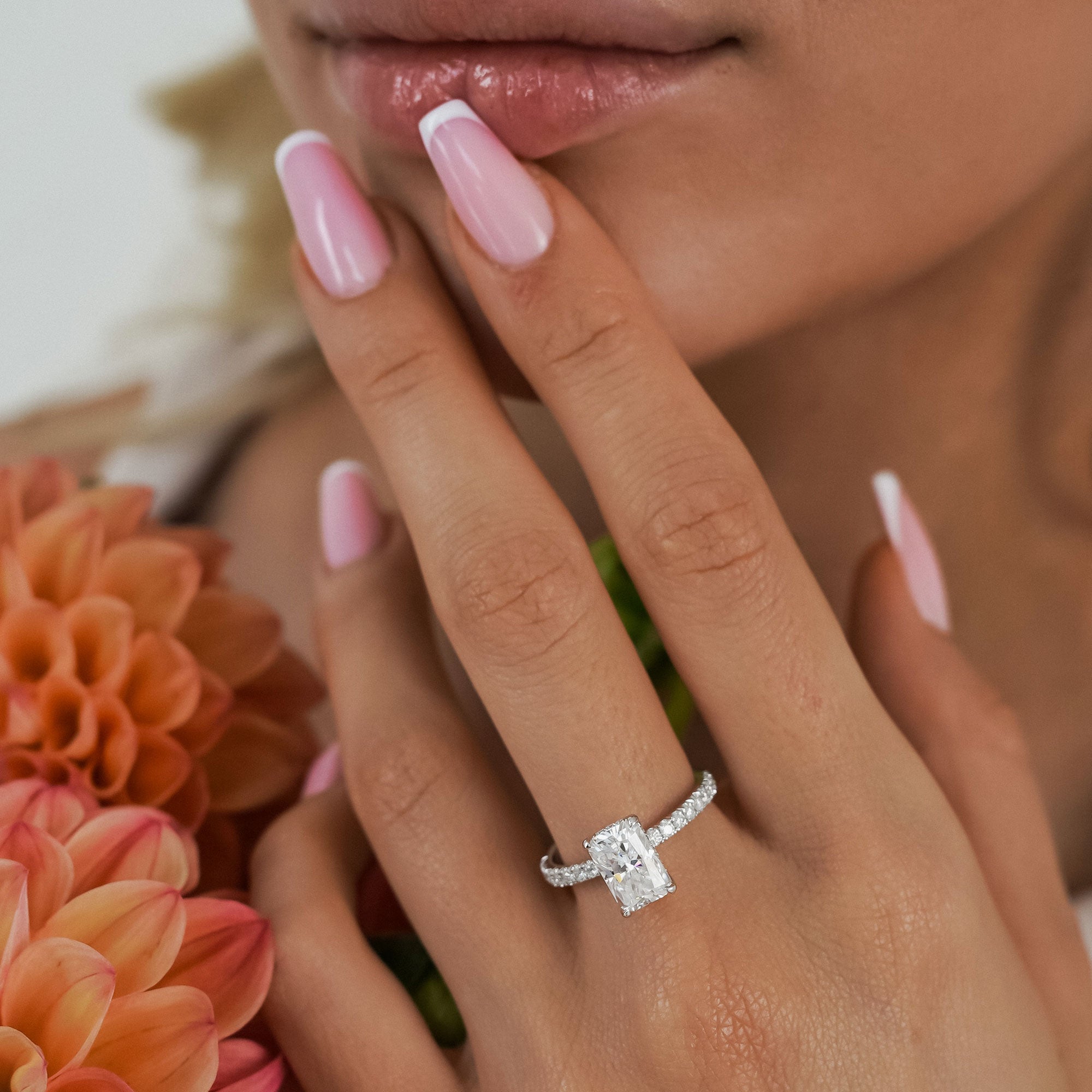 Lily Radiant Double Hidden Halo Engagement Ring, Moissanite/Lab Grown Diamond