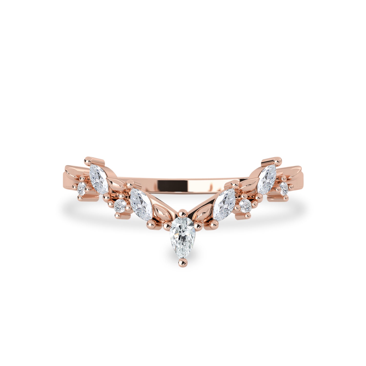 Curved Leaf Art Deco V Half Eternity Ring, Pear With Round