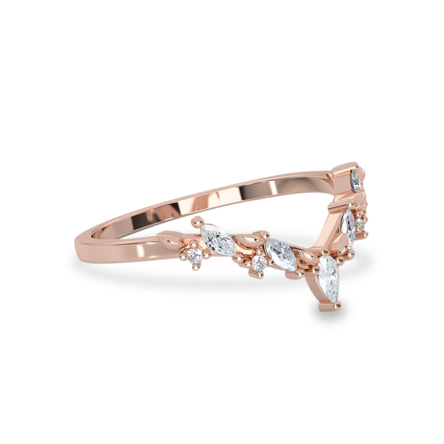 Curved Leaf Art Deco V Half Eternity Ring, Pear With Round