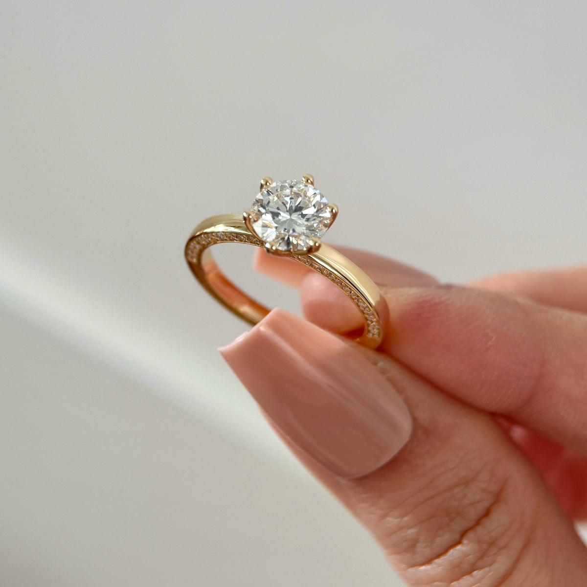 Iris Round Tulip Petal Solitaire Engagement Ring with Side Pavé