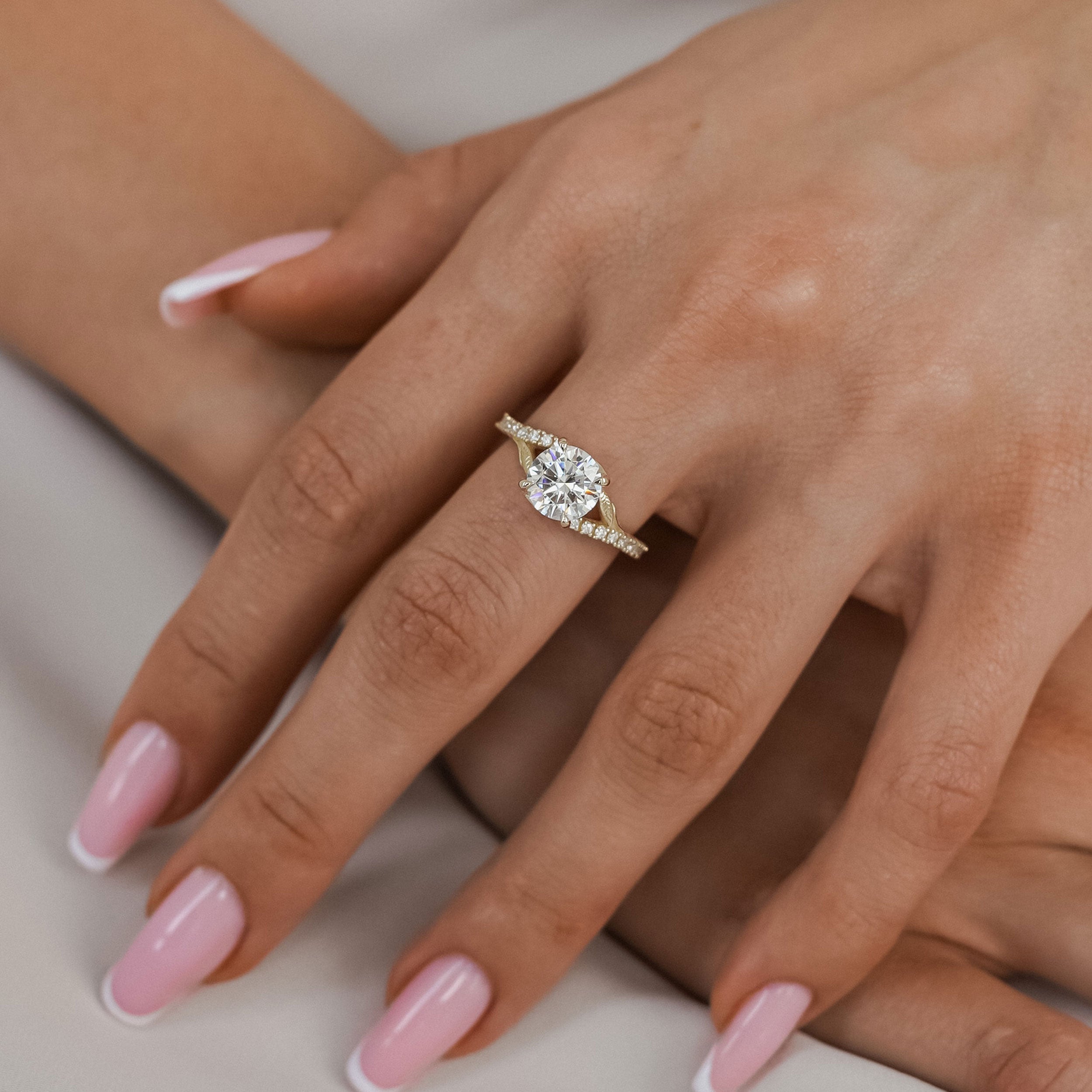 Evelina Round Cut Leaf Split Shank Engagement Ring, Moissanite/Lab Grown Diamond