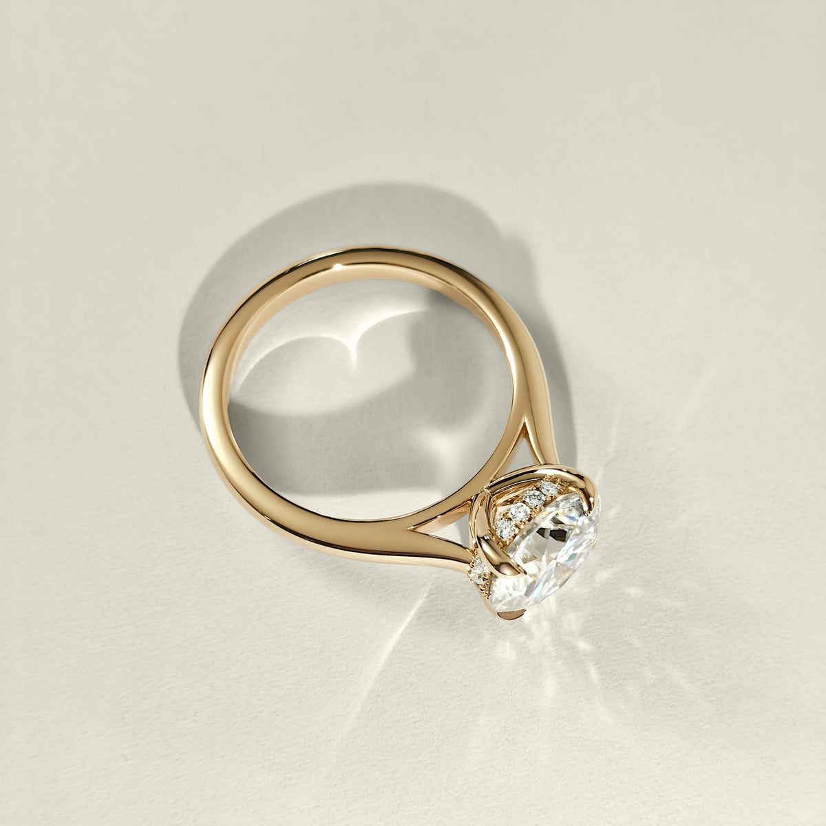 round hidden halo engagement ring with cathedral shank