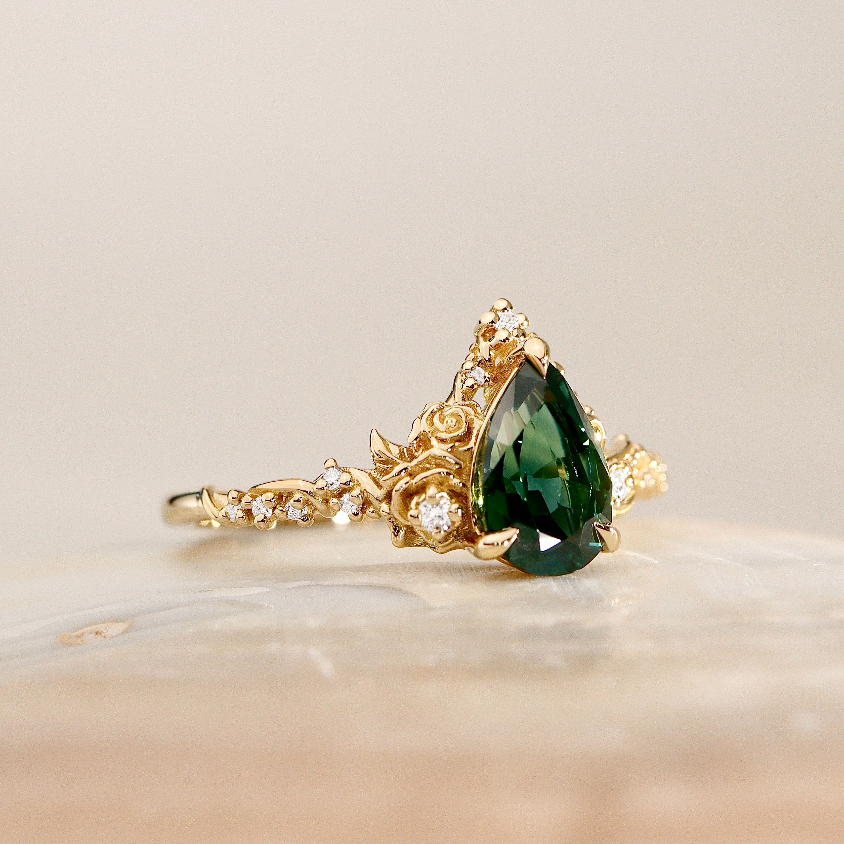 Blossom Rose & Dancing Swan Engagement Ring, Pear Cut Teal Sapphire