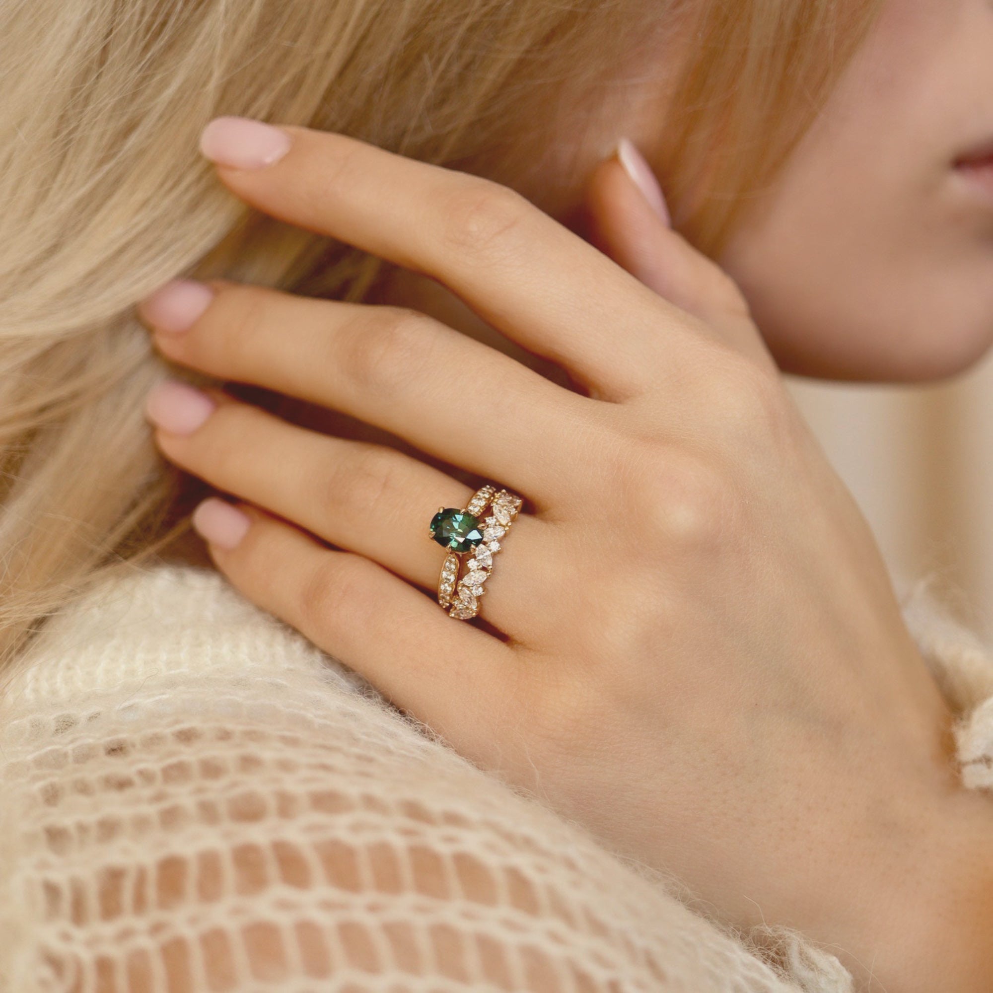 Cinderella Oval Parti Sapphire Engagement Ring, Petal with Accents