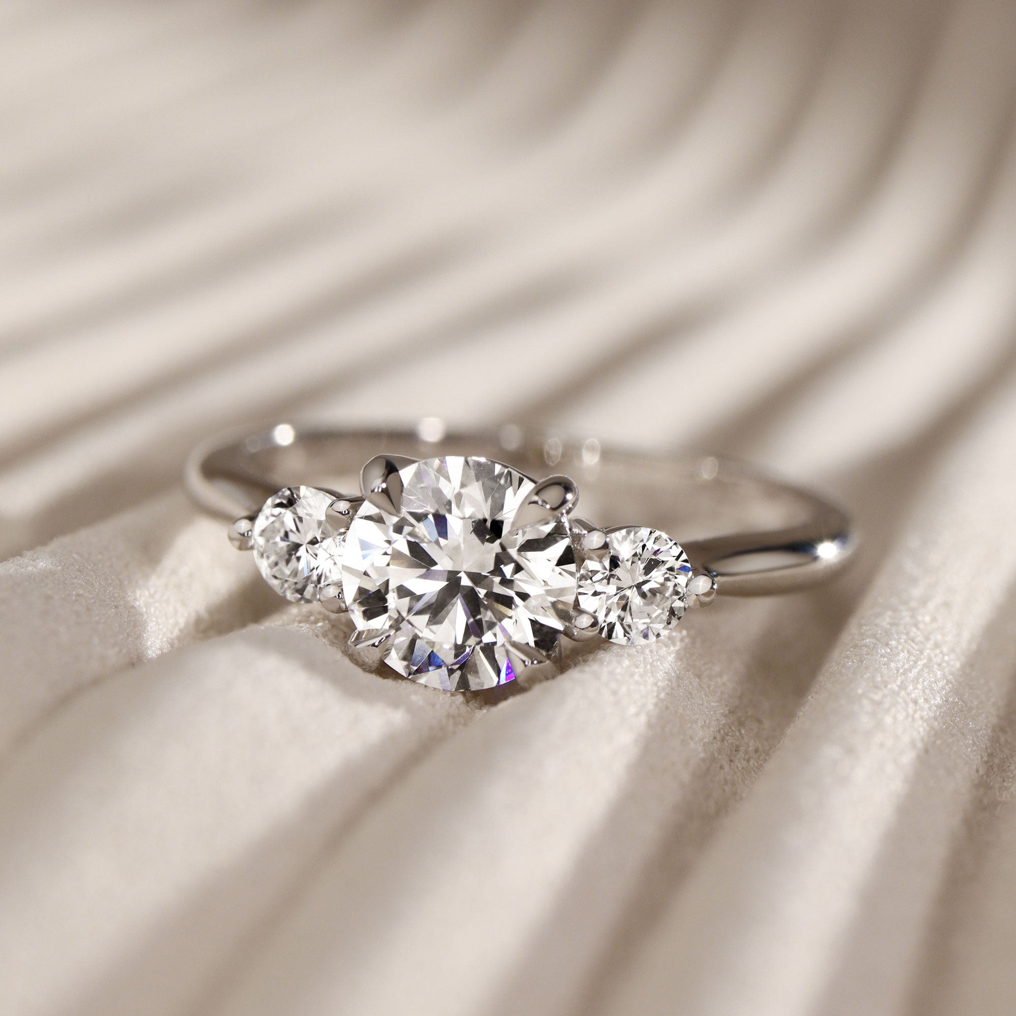 Sofia Round Three Stone Engagement Ring, Moissanite/Lab Grown Diamond