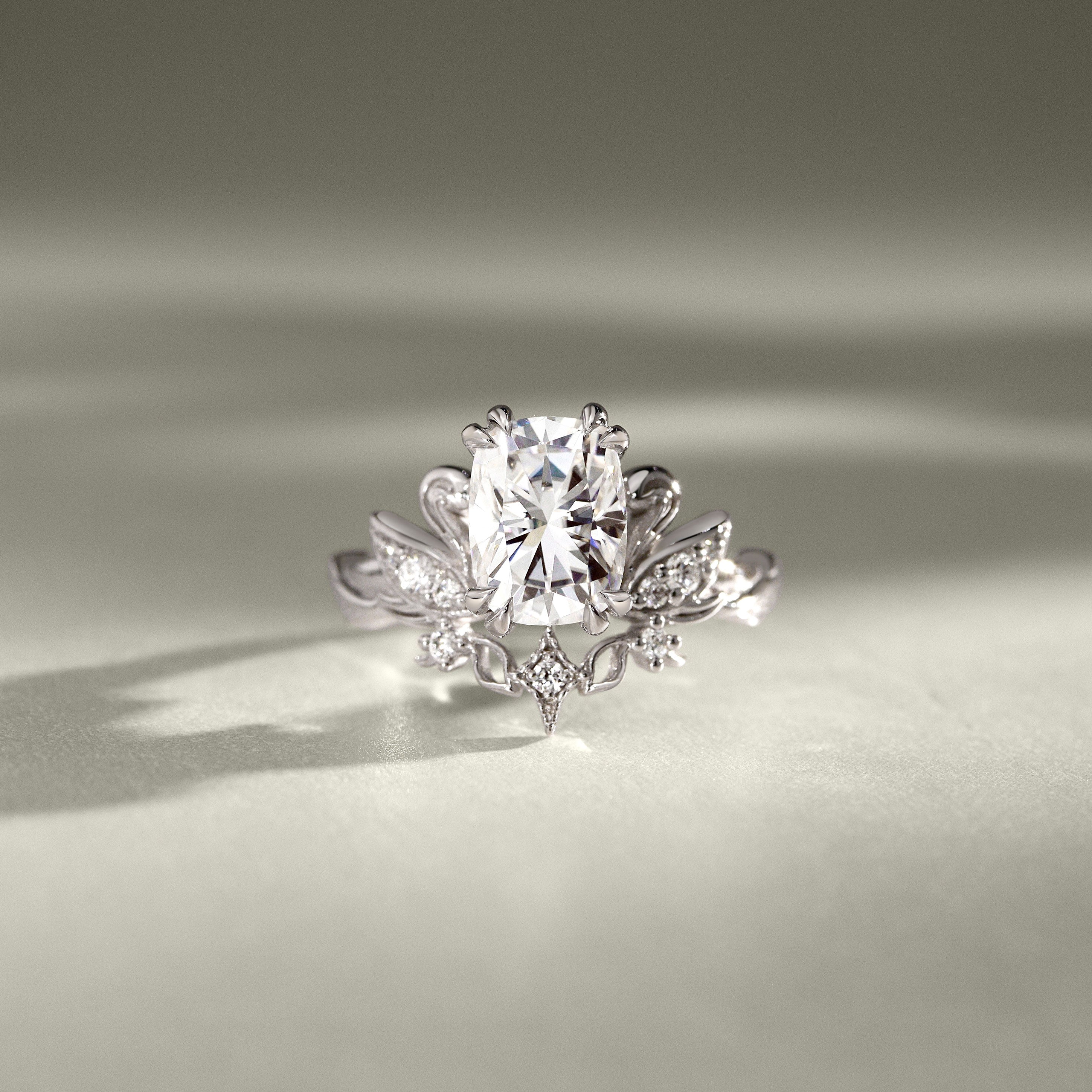 Cushion Love Swan Engagement Ring, Elongated Cushion Cut With Celestial Star