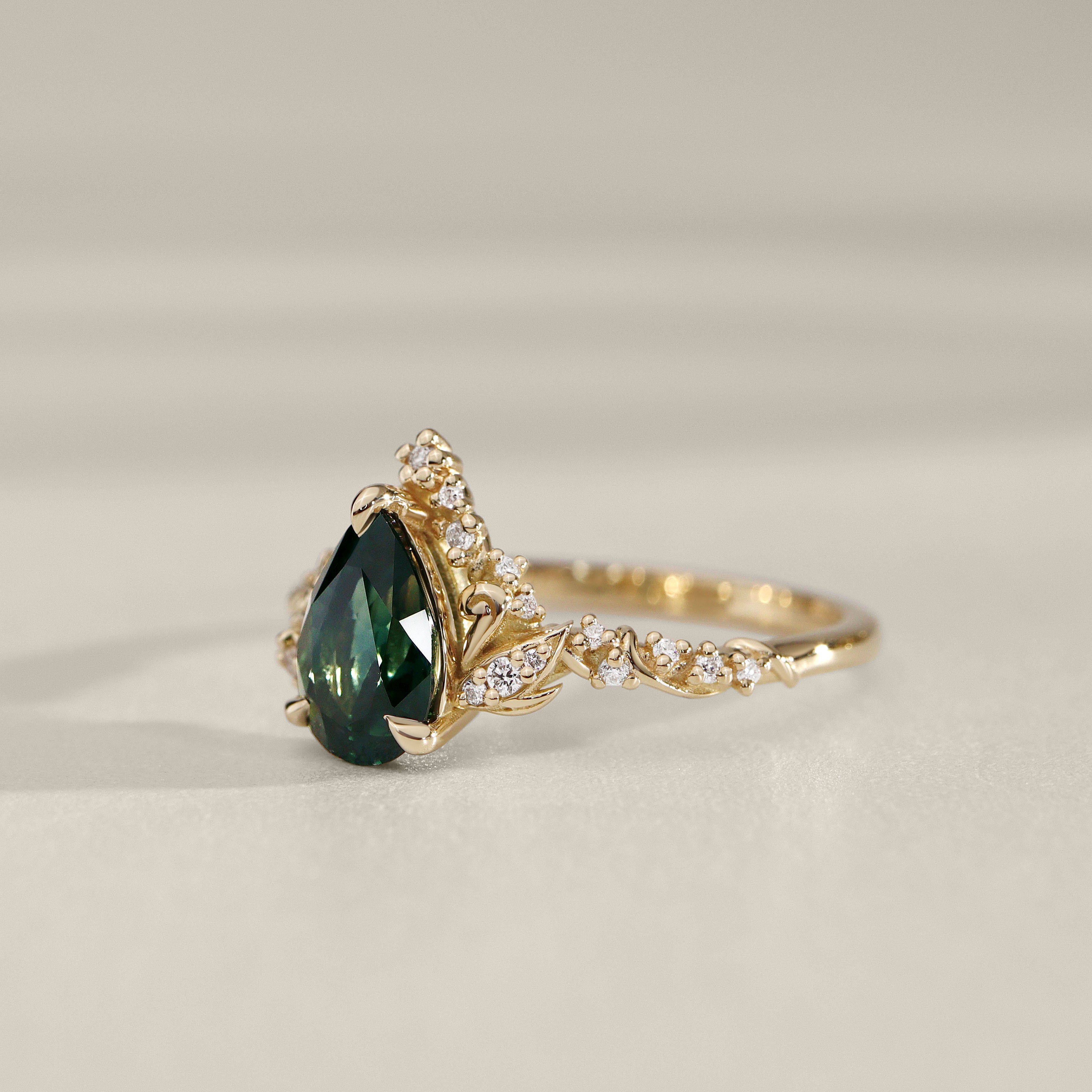 Blossom Rose & Dancing Swan Engagement Ring, Pear Cut Teal Sapphire