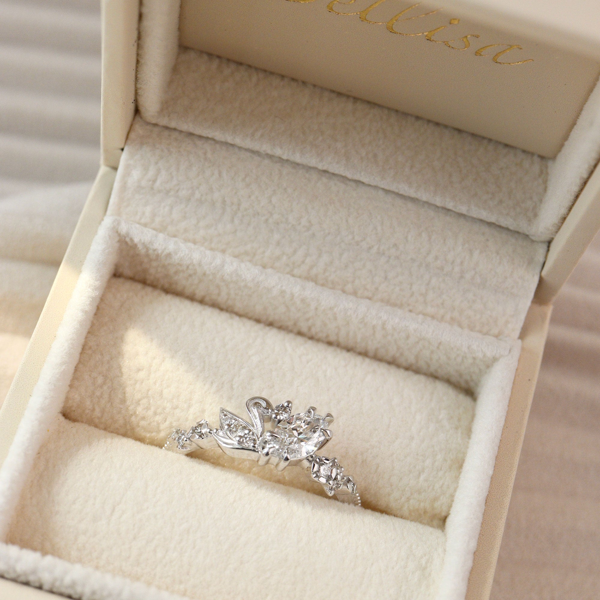 Marquise Love Swan Nature Inspired Engagement Ring, Marquise Cut With Single Swan