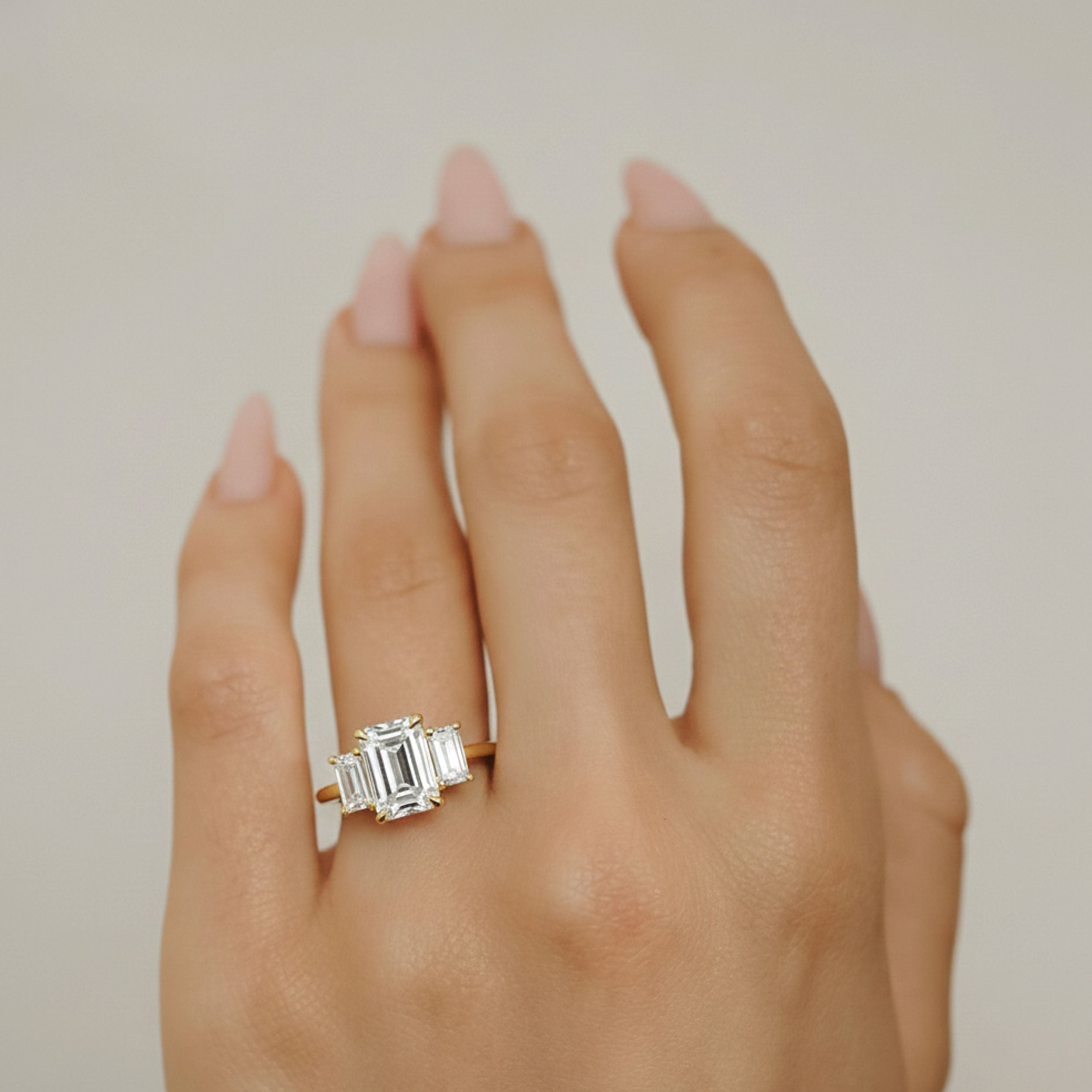 Evelyn Emerald Cut Three Stone Engagement Ring, Low Set