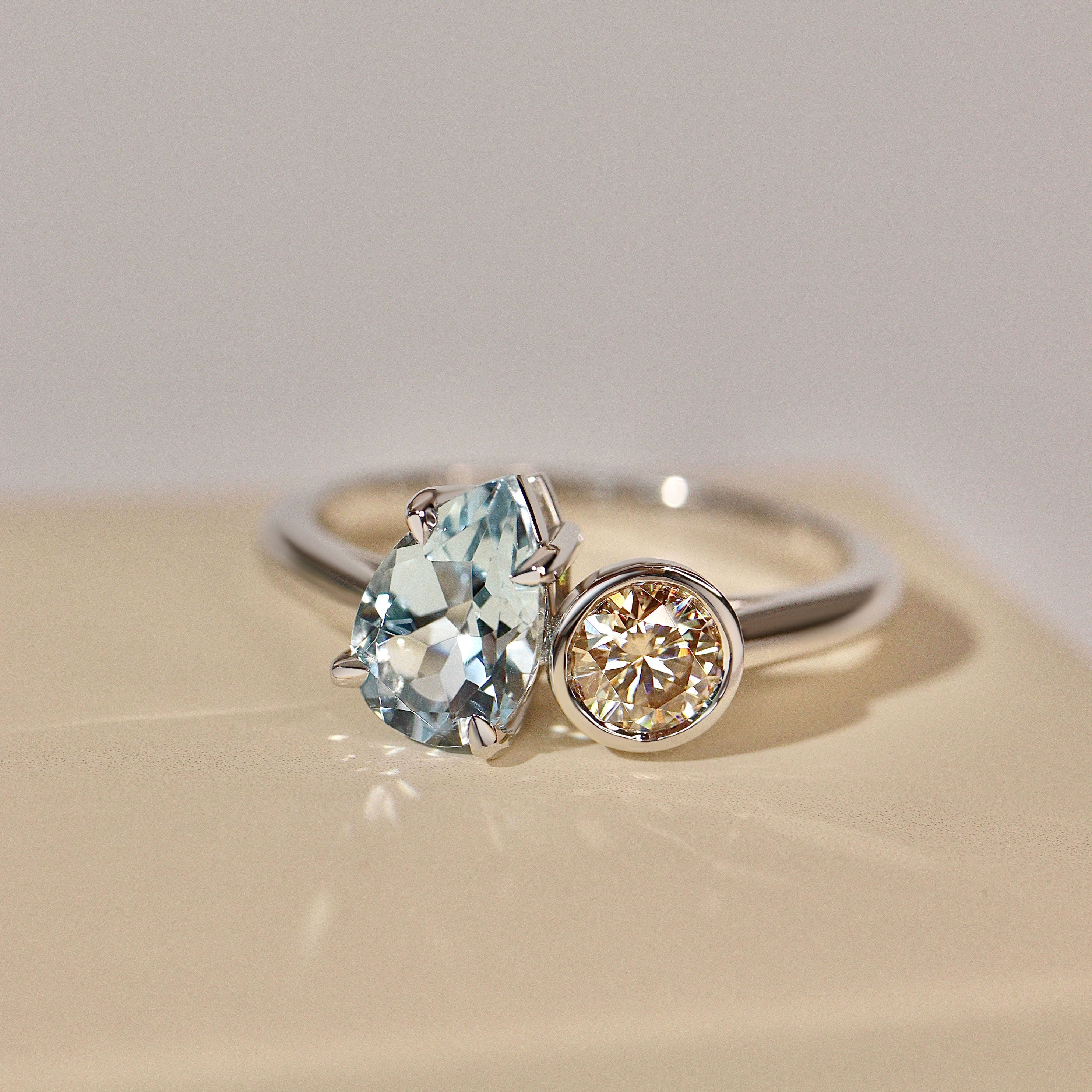 Bespoke #9159 - Nous Toi et Moi Ring, Natural Aquamarine & Champagne Moissanite