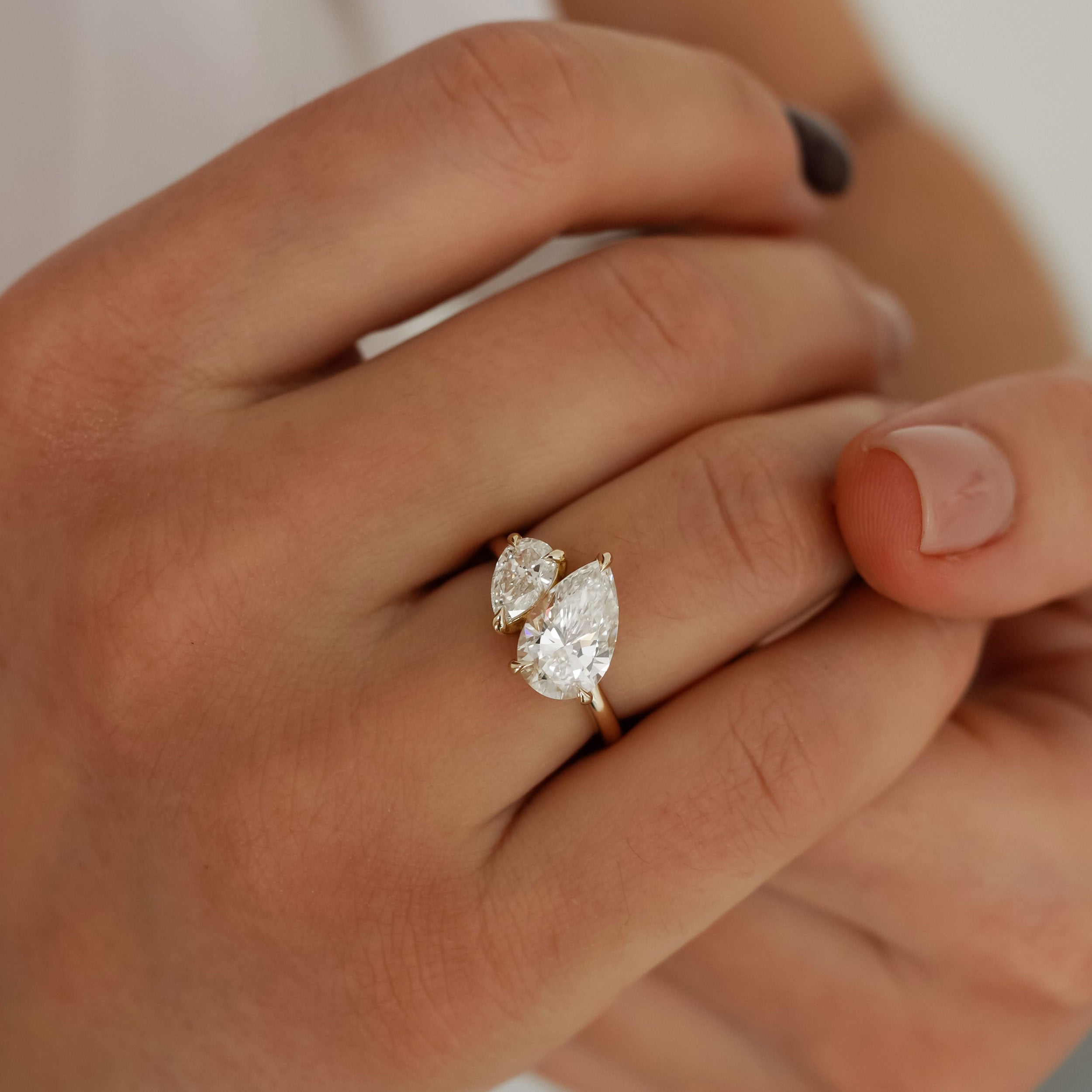 Bespoke #9178 - Custom Pear Lab Diamond Toi et Moi Engagement Ring, Hidden Halo