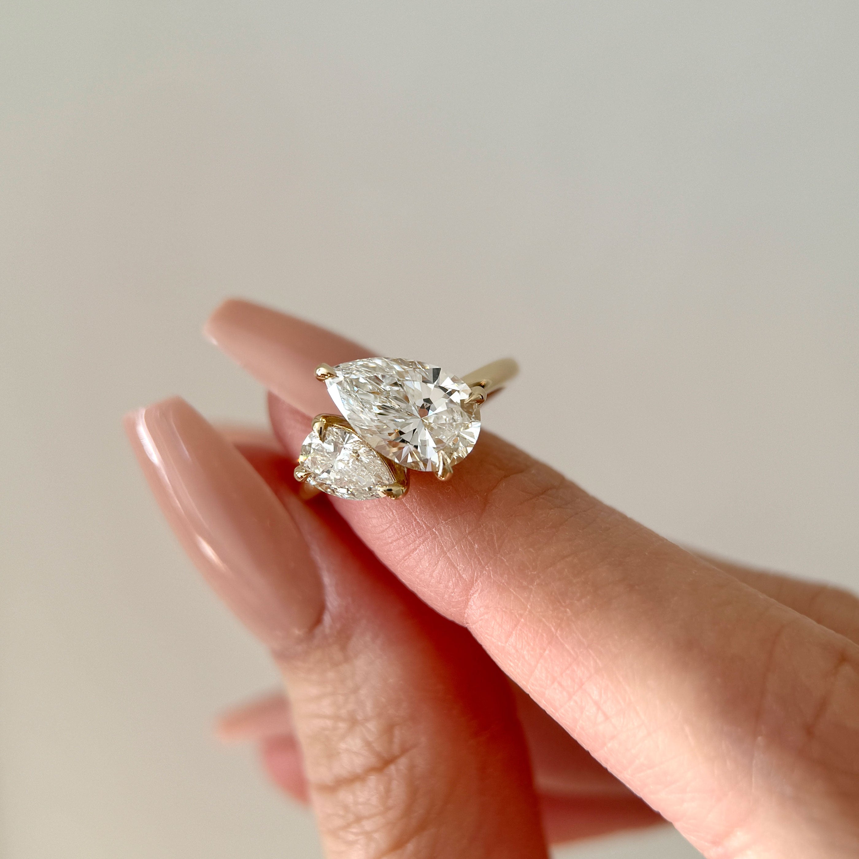 Bespoke #9178 - Custom Pear Lab Diamond Toi et Moi Engagement Ring, Hidden Halo