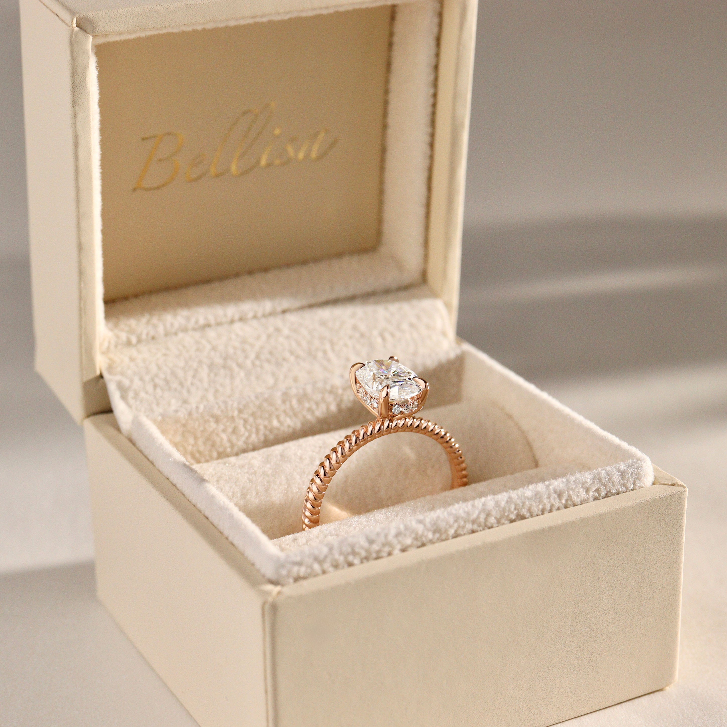 Clio Oval Hidden Halo Rope Band Solitaire Engagement Ring, Moissanite/Lab Diamond