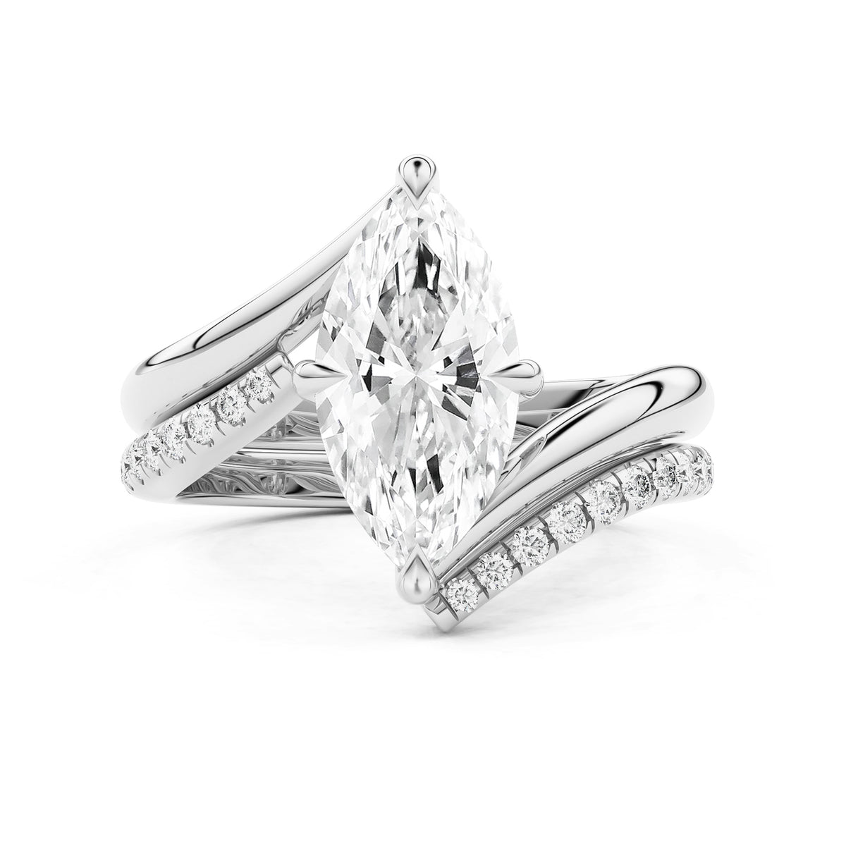 SET - Selene Marquise Cut Bypass Solitaire Engagement Ring & Pavé Band