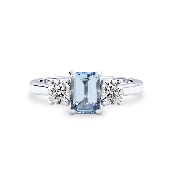 aquamarine three stone engagement ring in white gold