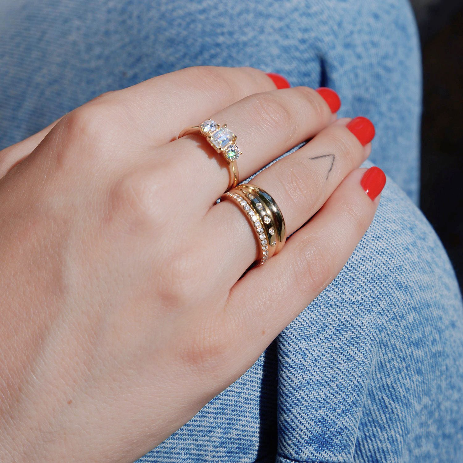 Glamour Three Stone Engagement Ring, Emerald With Round Brilliant