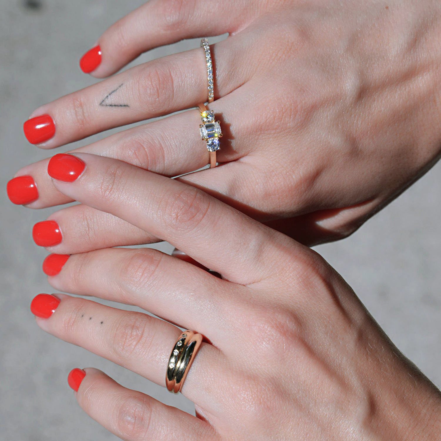 Glamour Three Stone Engagement Ring, Emerald With Round Brilliant