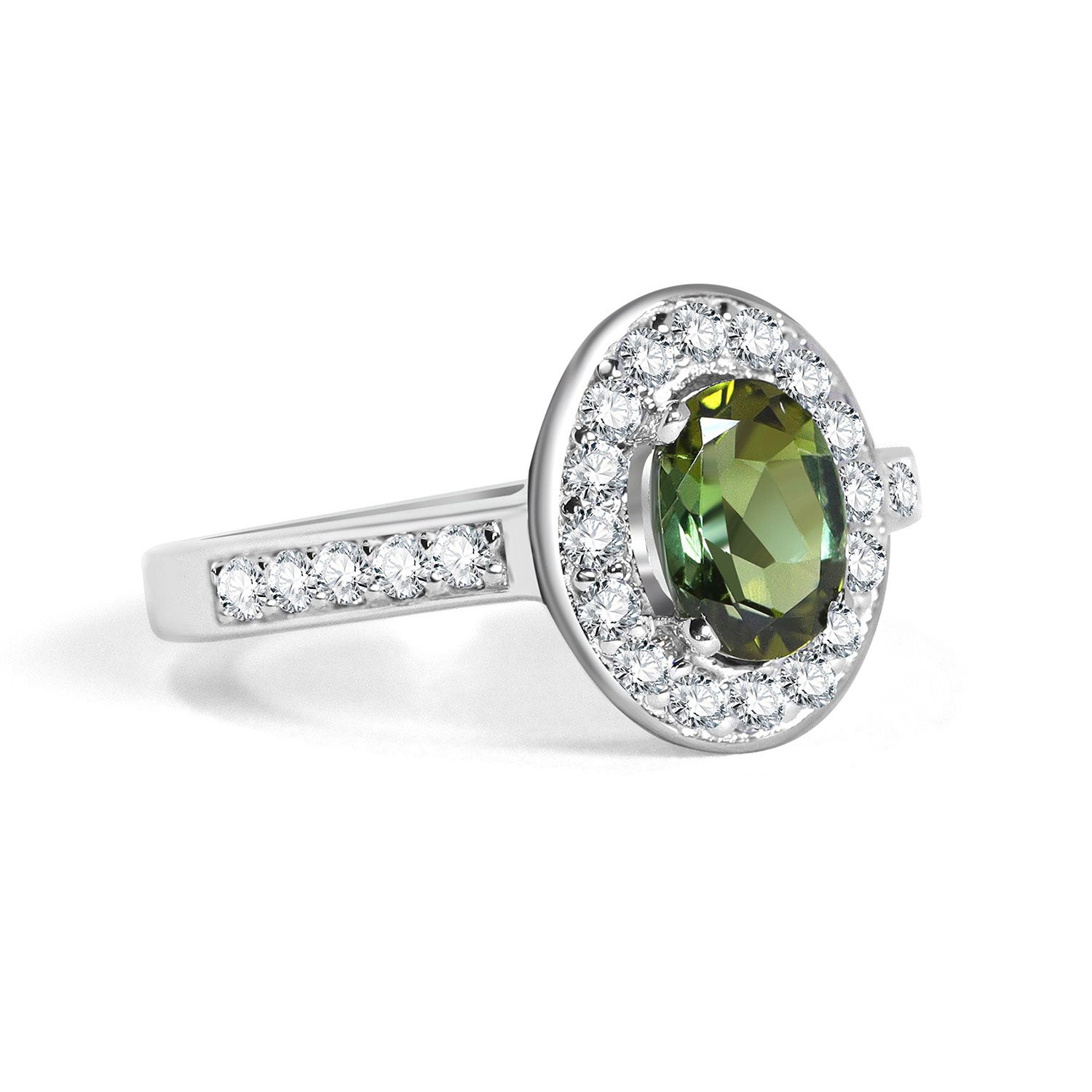 green tourmaline halo rings