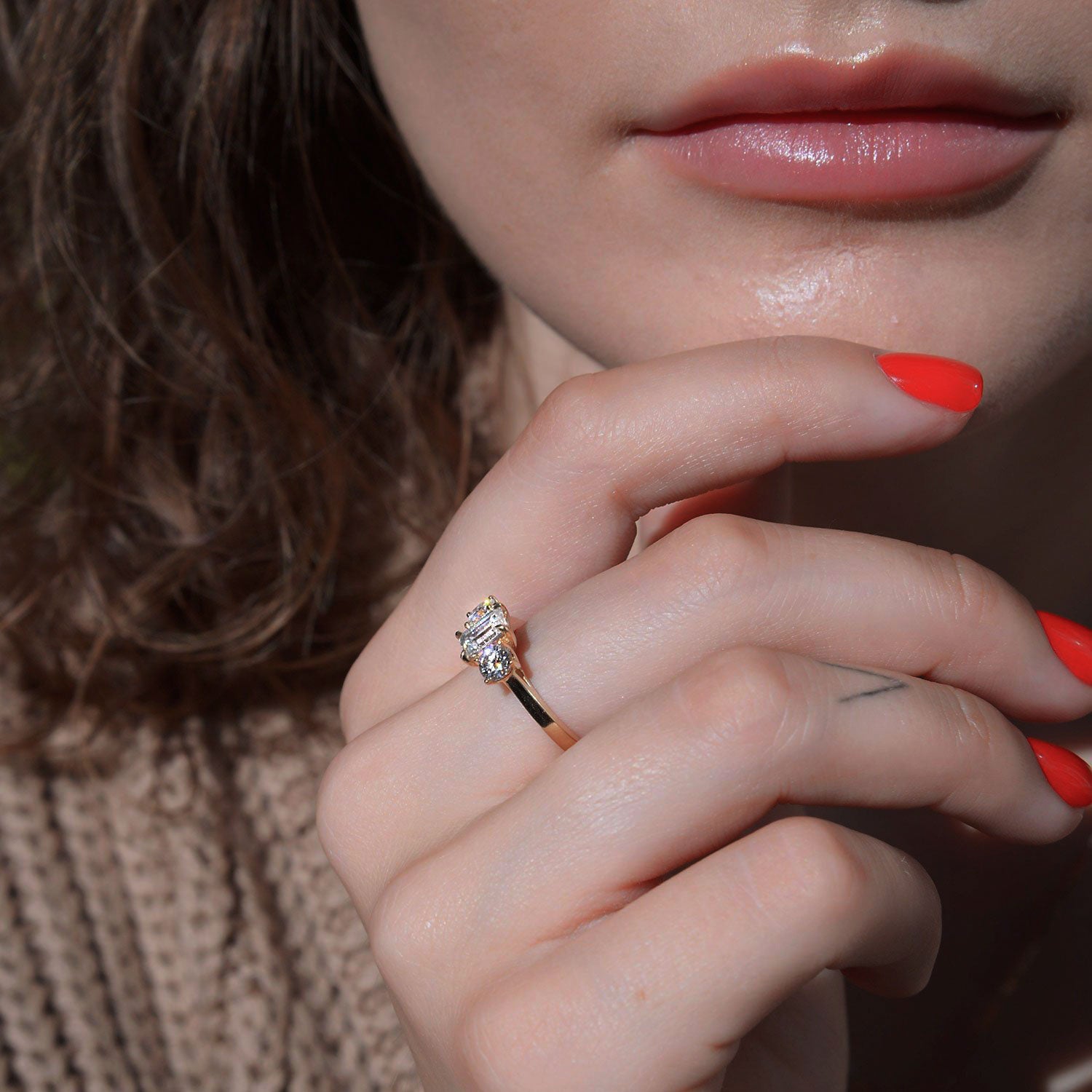 Glamour Three Stone Engagement Ring, Emerald With Round Brilliant