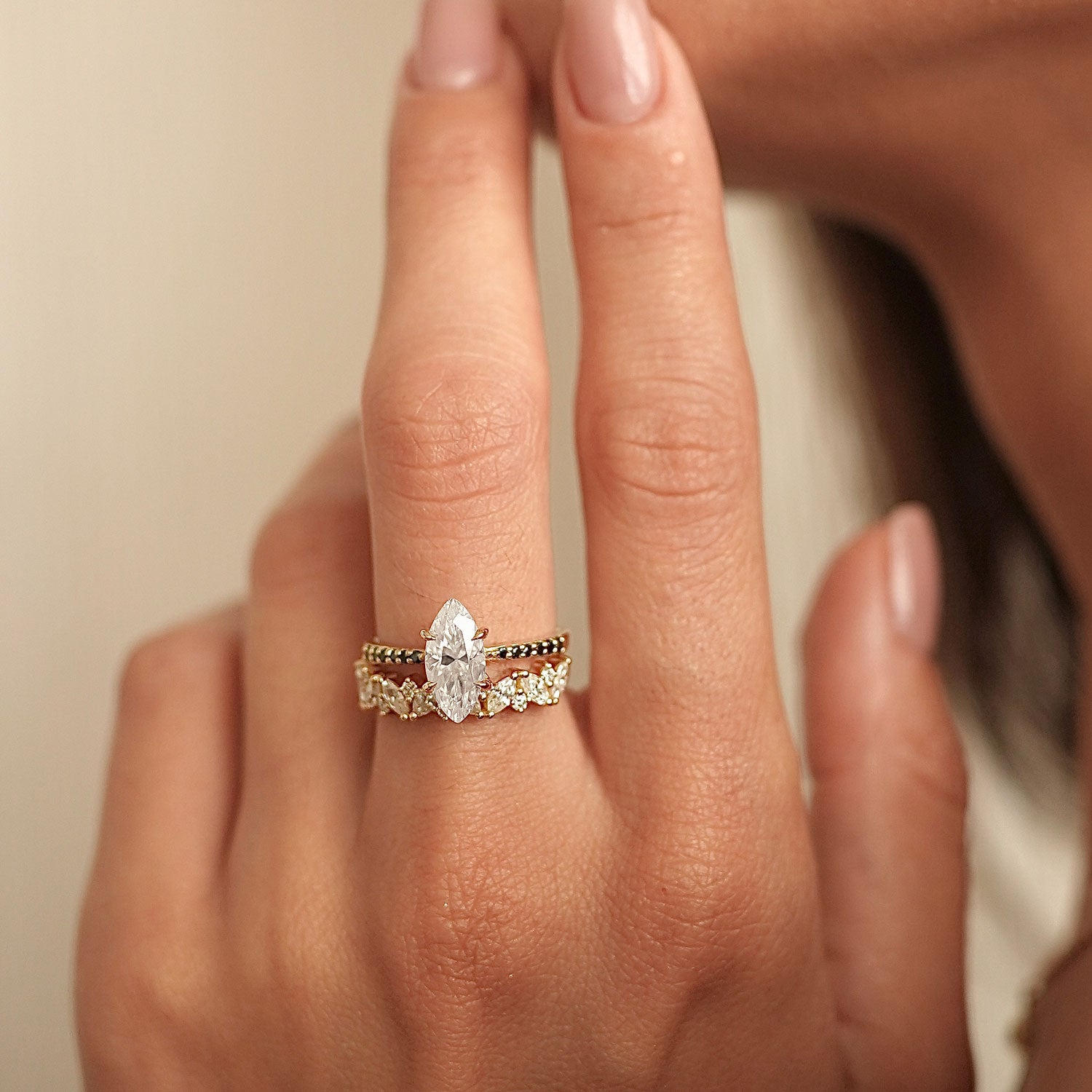 Marquise Accented Half Eternity Ring, Marquise & Round Brilliant