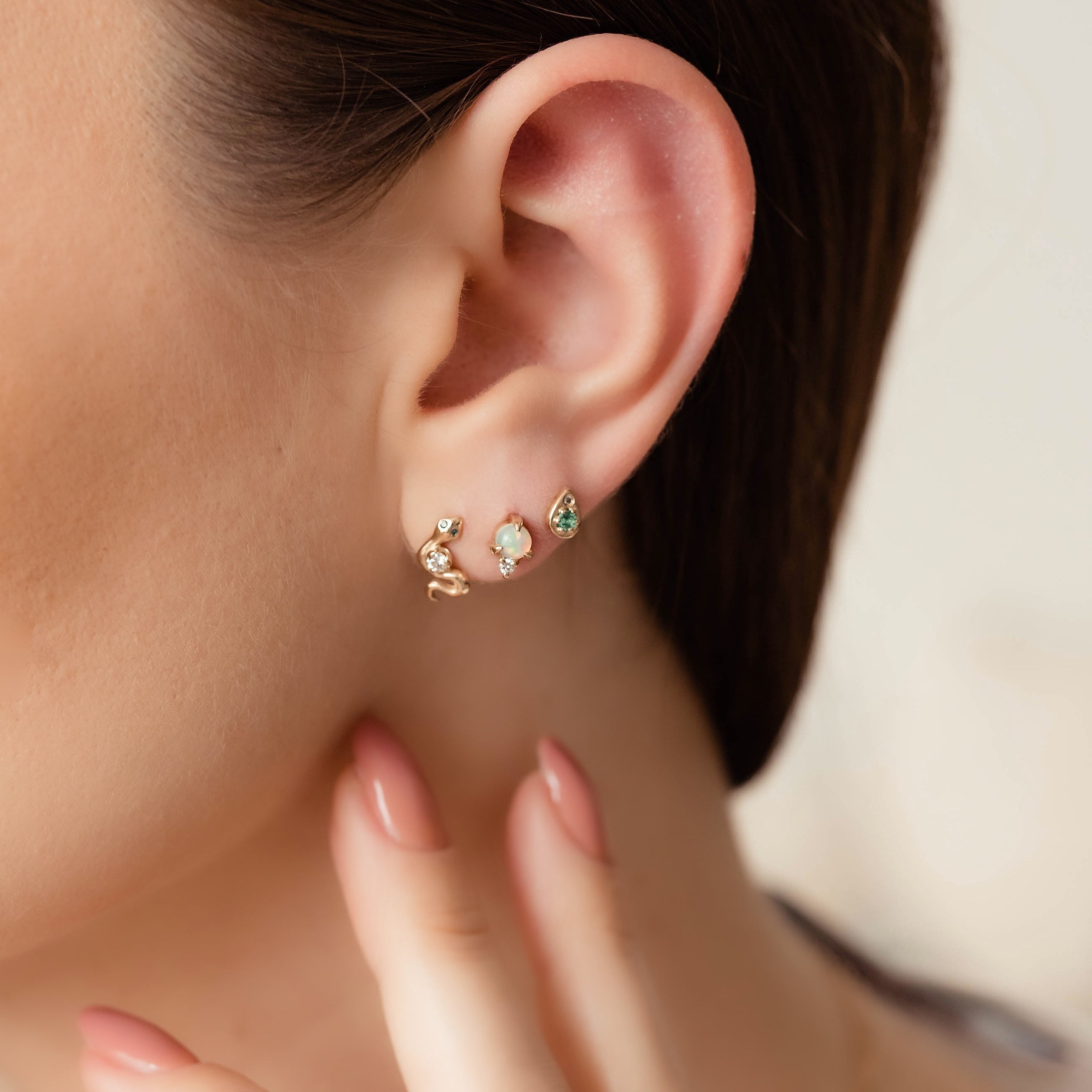 Rebirth Snake Stud Earrings, Natural Diamond & Emerald