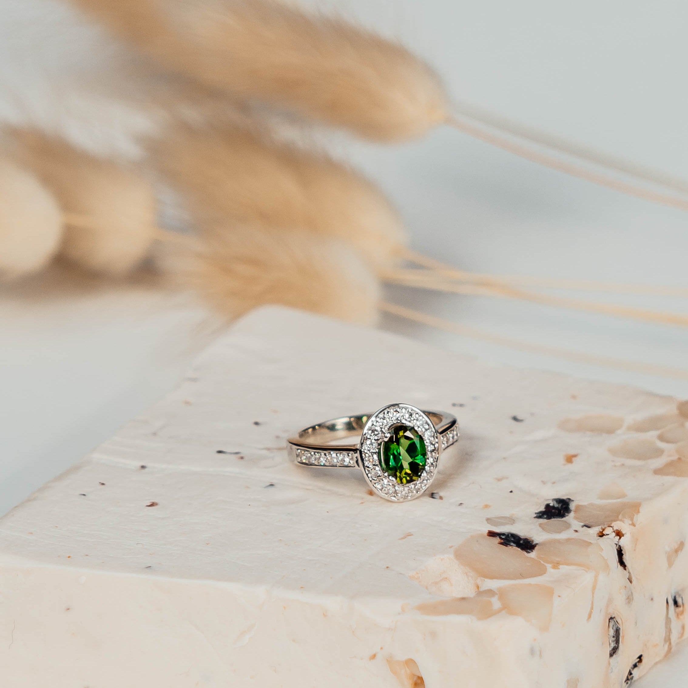 Micropave Sparkling Halo Engagement Ring, Green Tourmaline & Diamonds