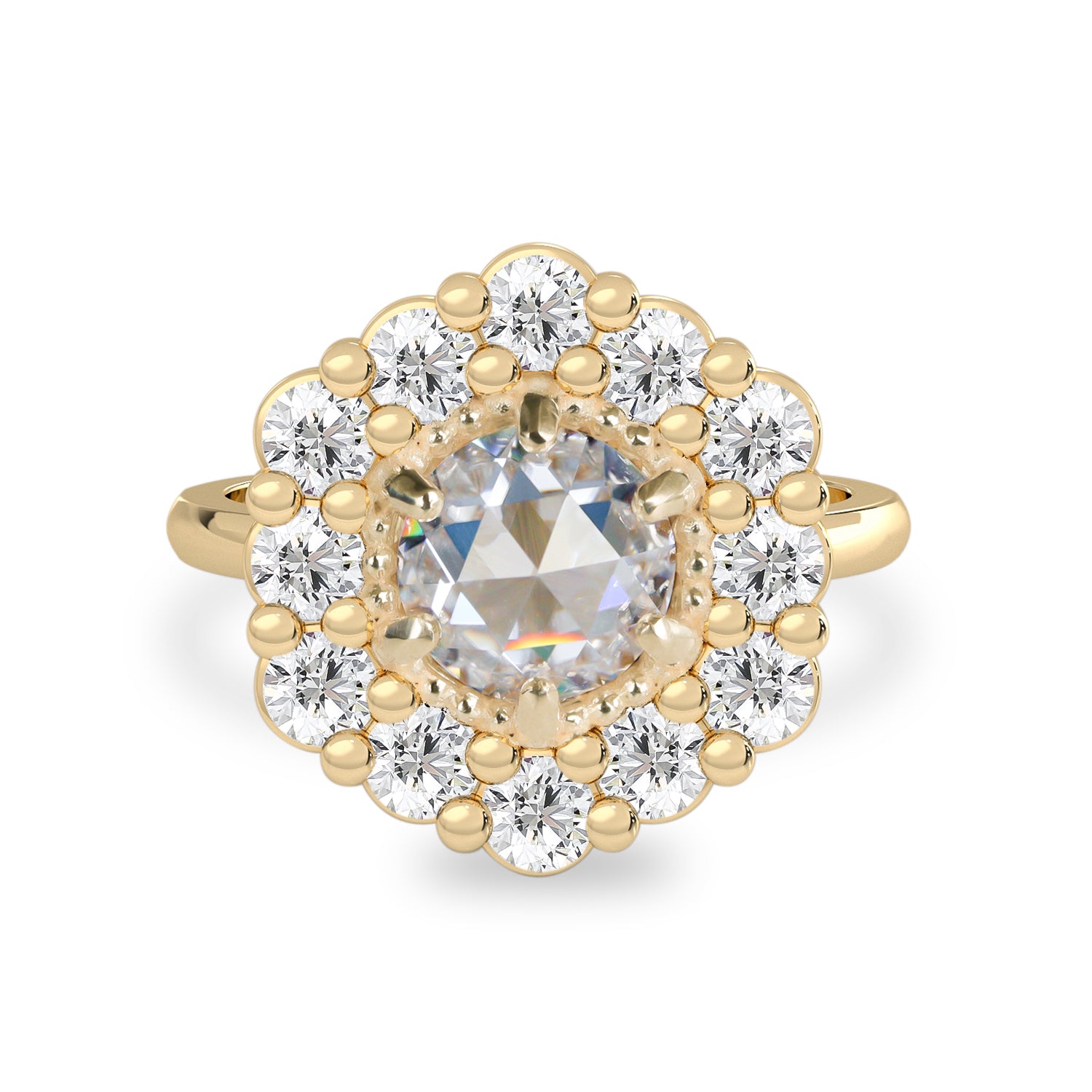 Geometric Rose Cut Moissanite Hexagon Halo Engagement Ring