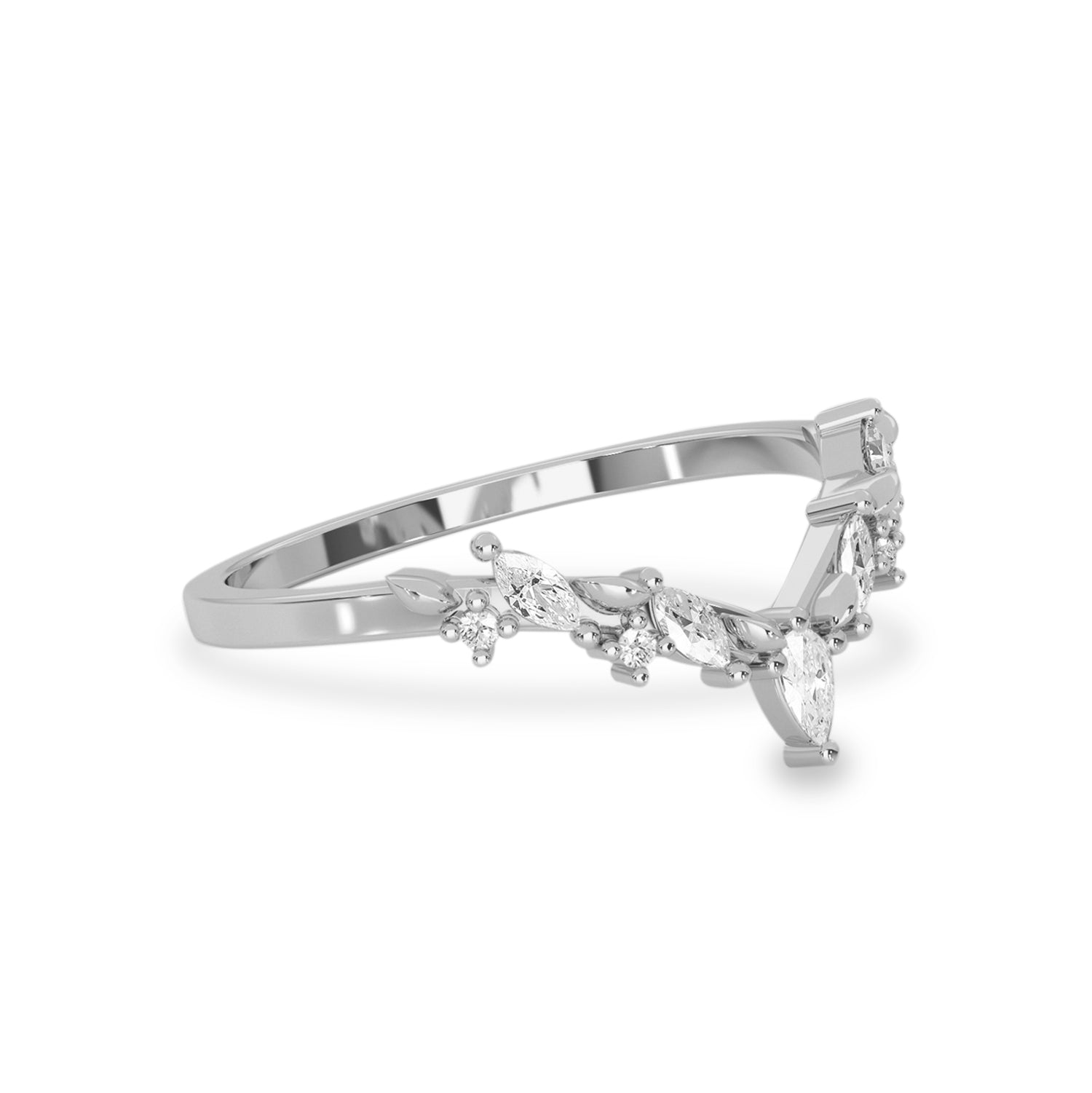 Curved Leaf Art Deco V Half Eternity Ring, Pear With Round