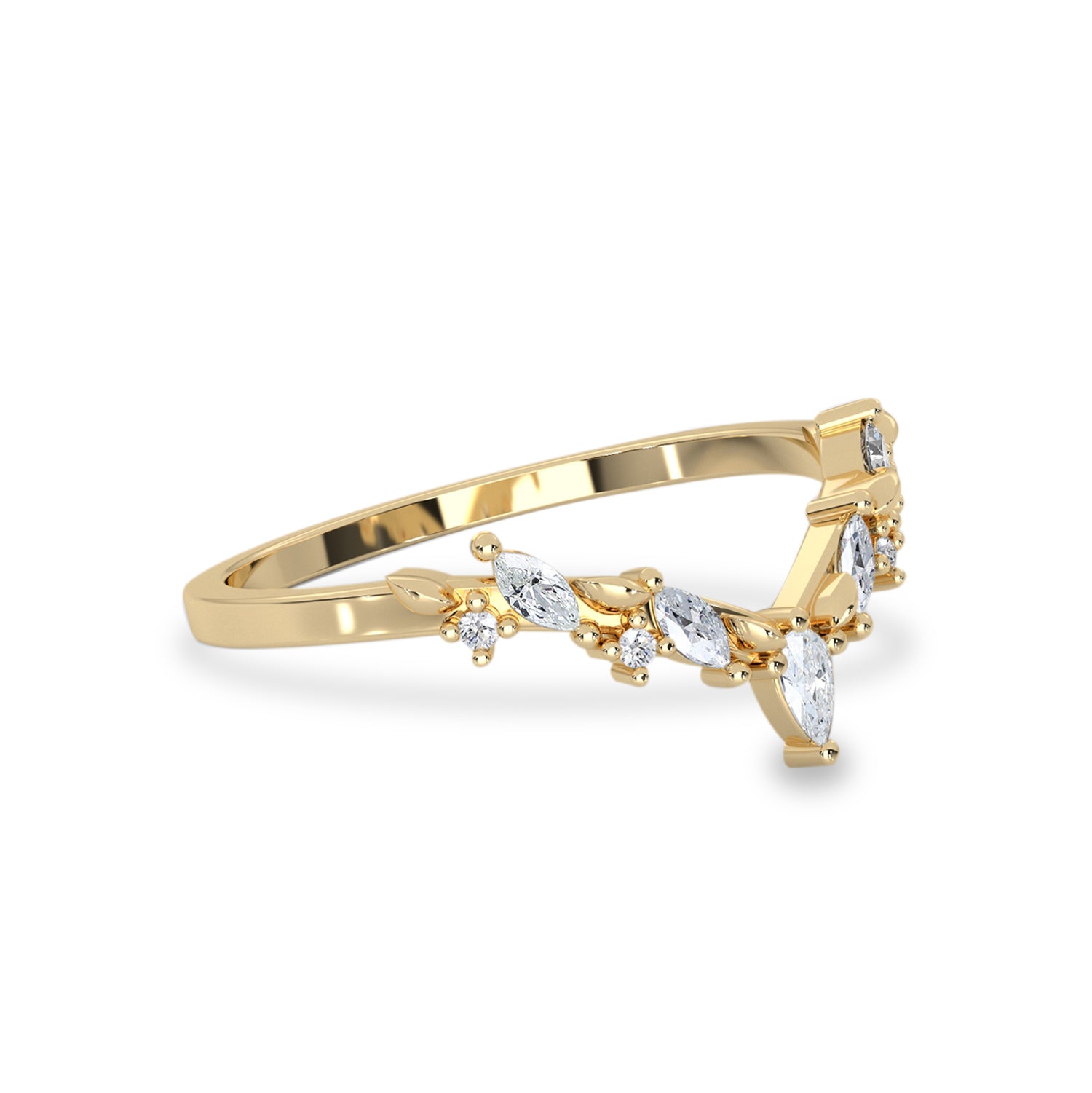 Curved Leaf Art Deco V Half Eternity Ring, Pear With Round