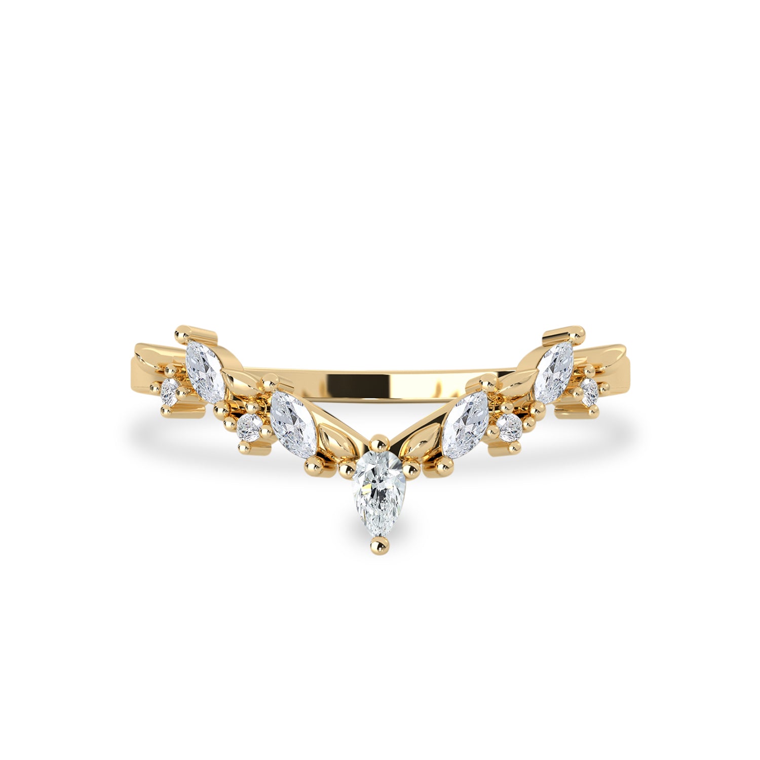 Curved Leaf Art Deco V Half Eternity Ring, Pear With Round