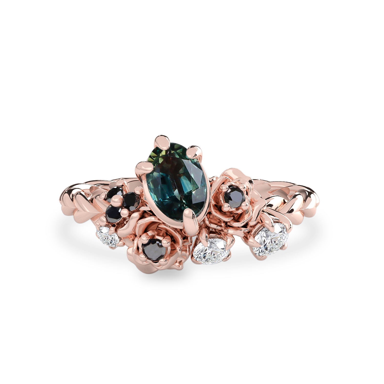 nature inspired teal sapphire engagement ring