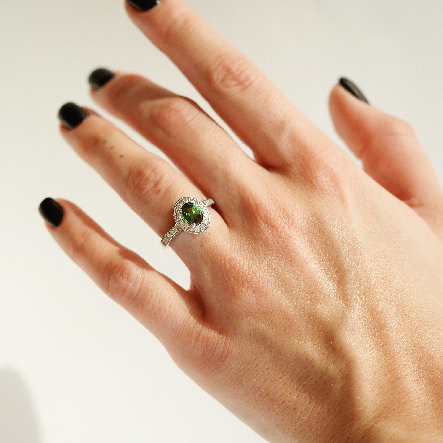 Micropave Sparkling Halo Engagement Ring, Green Tourmaline & Diamonds