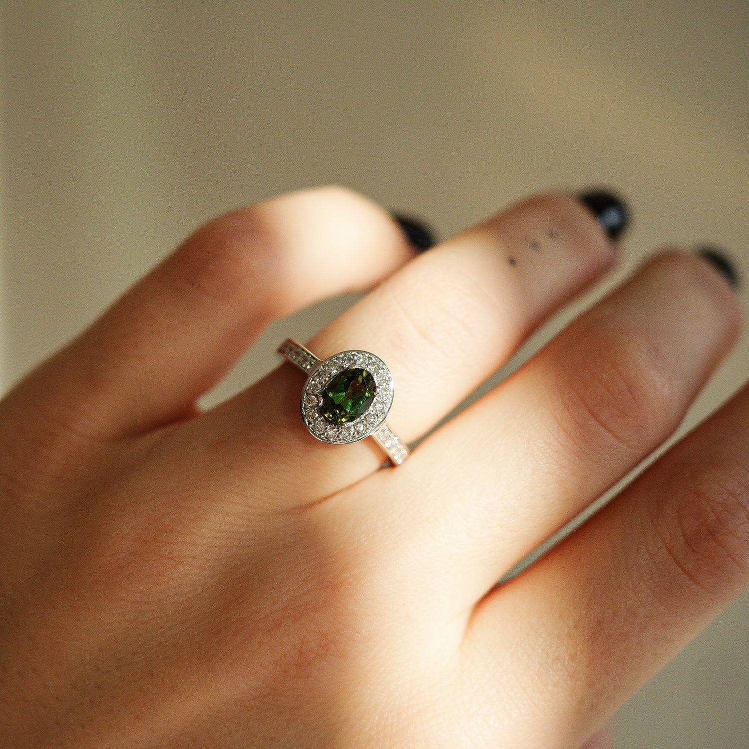 Micropave Sparkling Halo Engagement Ring, Green Tourmaline & Diamonds