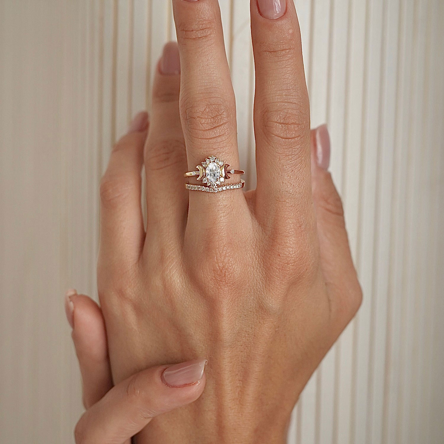 Endless Love Oval Cut Moon Halo Engagement Ring, Moissanite/Lab Grown Diamond