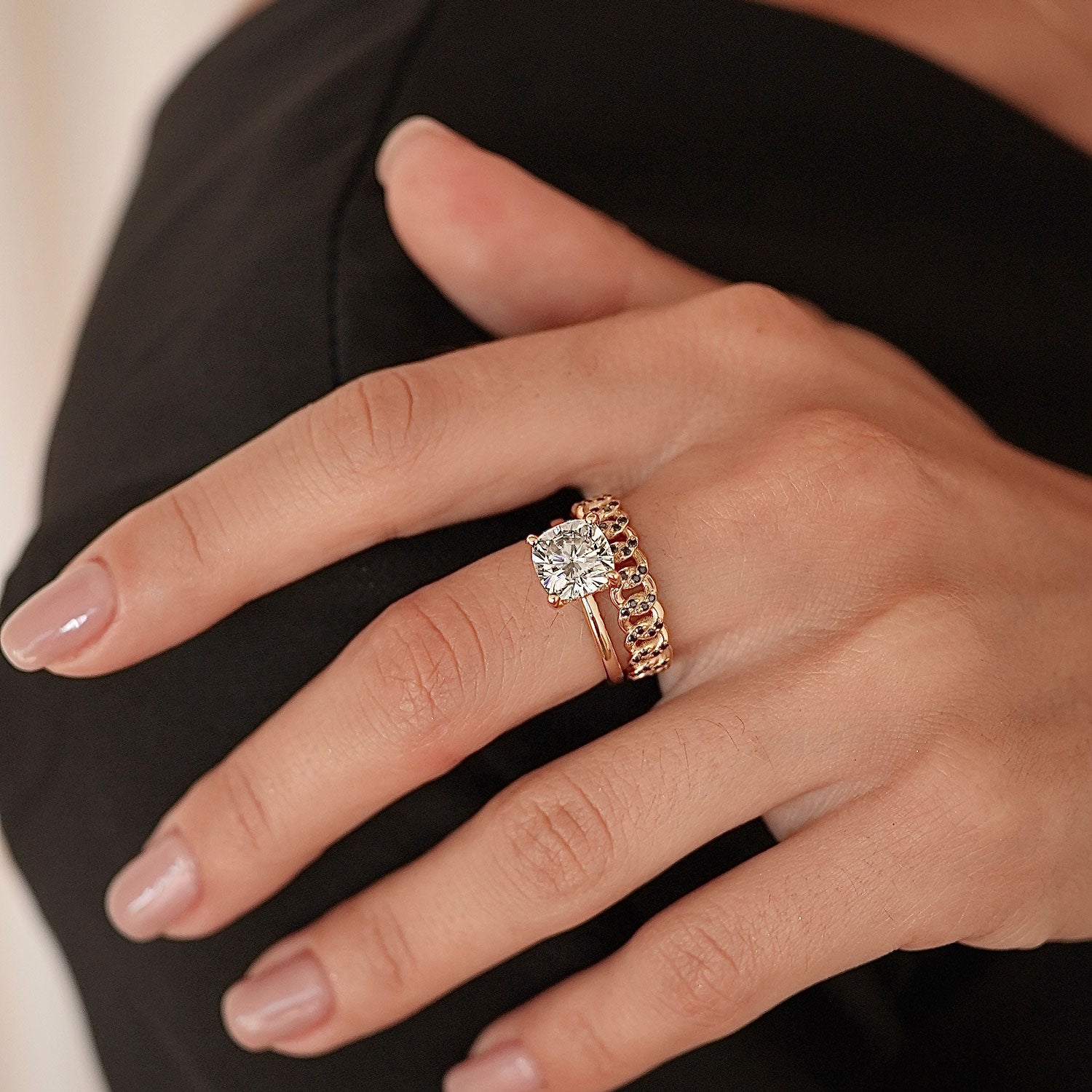 Chloe Cushion Hidden Halo Engagement Ring, Moissanite/Lab Grown Diamond