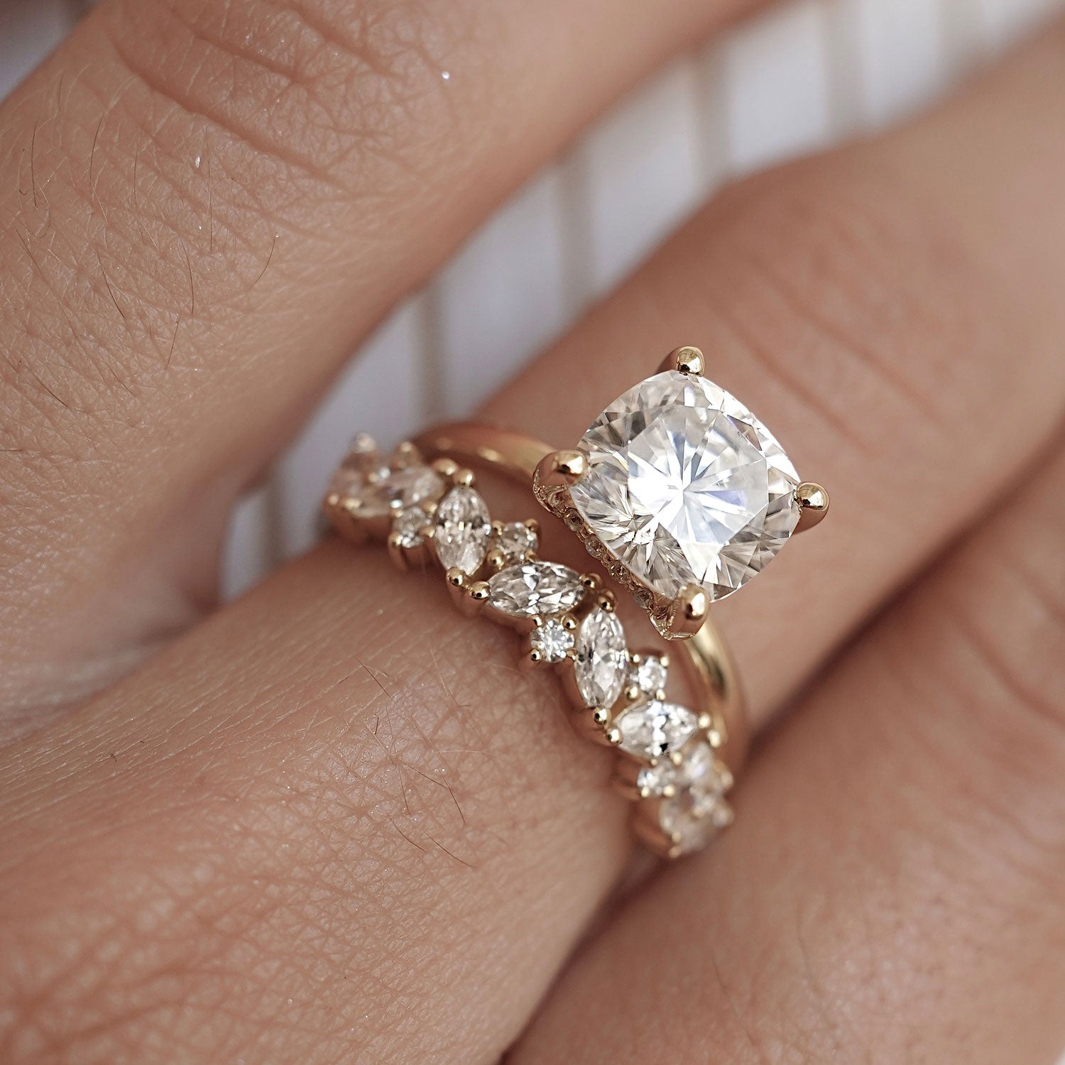 Chloe Cushion Hidden Halo Engagement Ring, Moissanite/Lab Grown Diamond