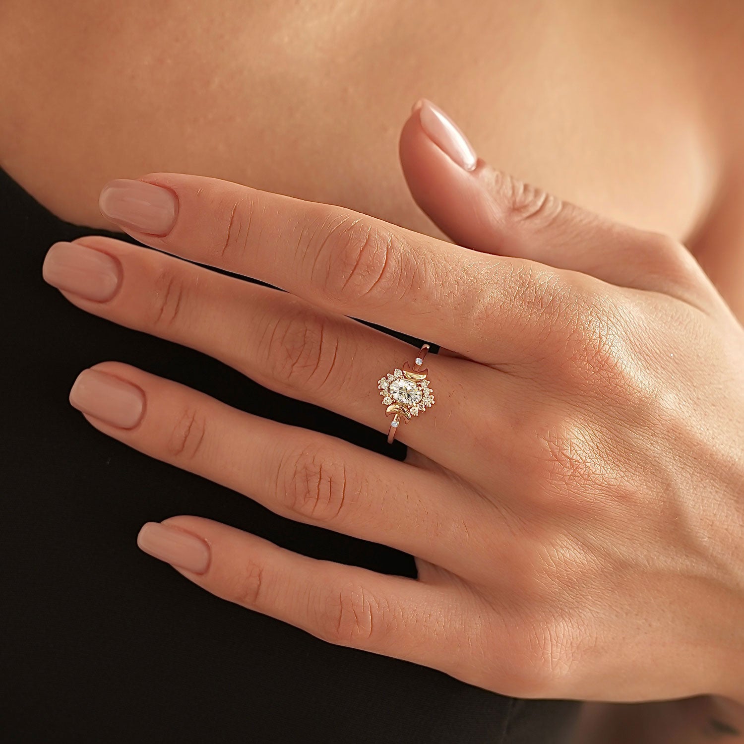 Endless Love Oval Cut Moon Halo Engagement Ring, Moissanite/Lab Grown Diamond