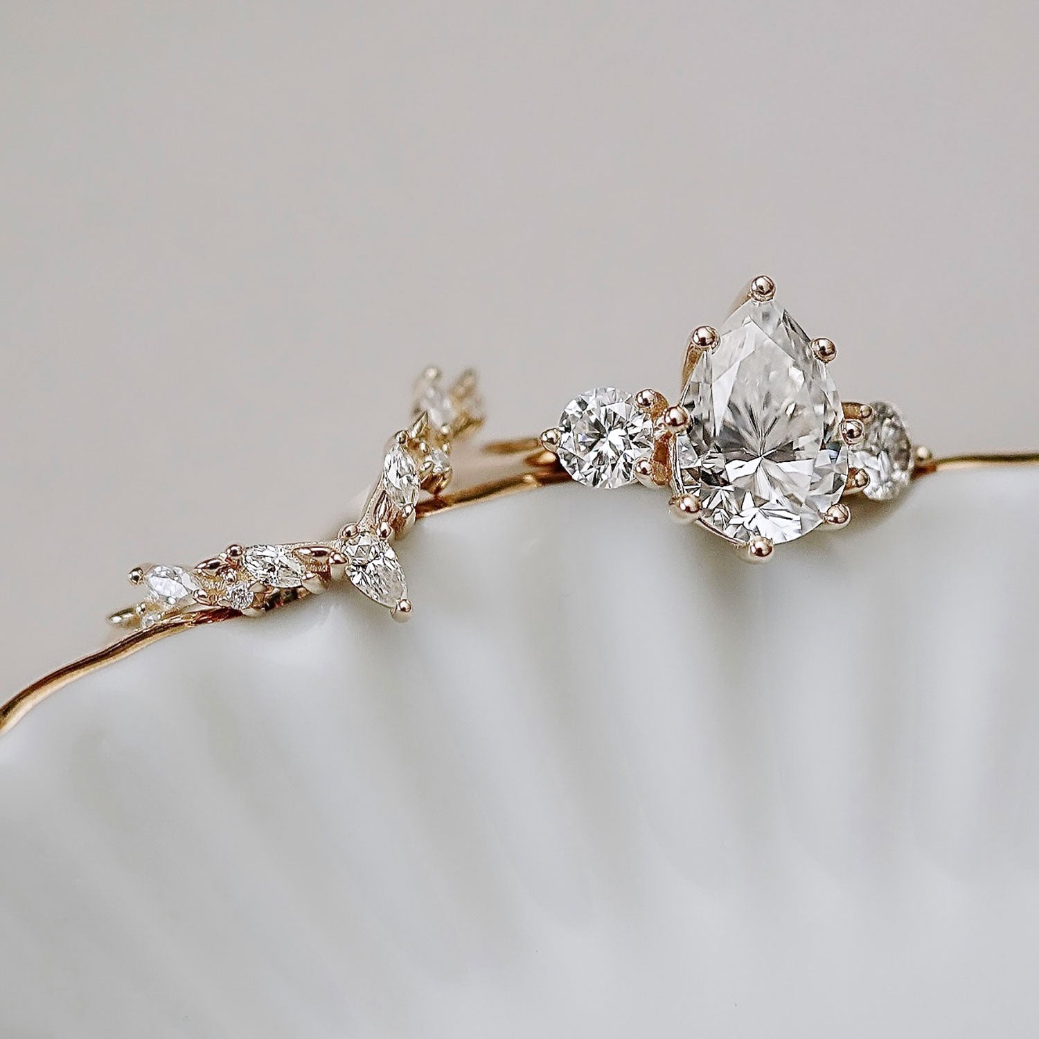 Curved Leaf Art Deco V Half Eternity Ring, Pear With Round