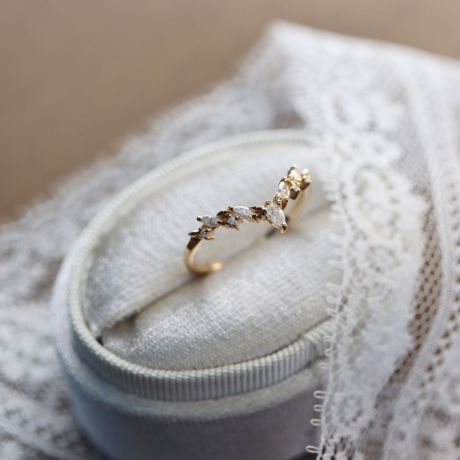 Curved Leaf Art Deco V Half Eternity Ring, Pear With Round