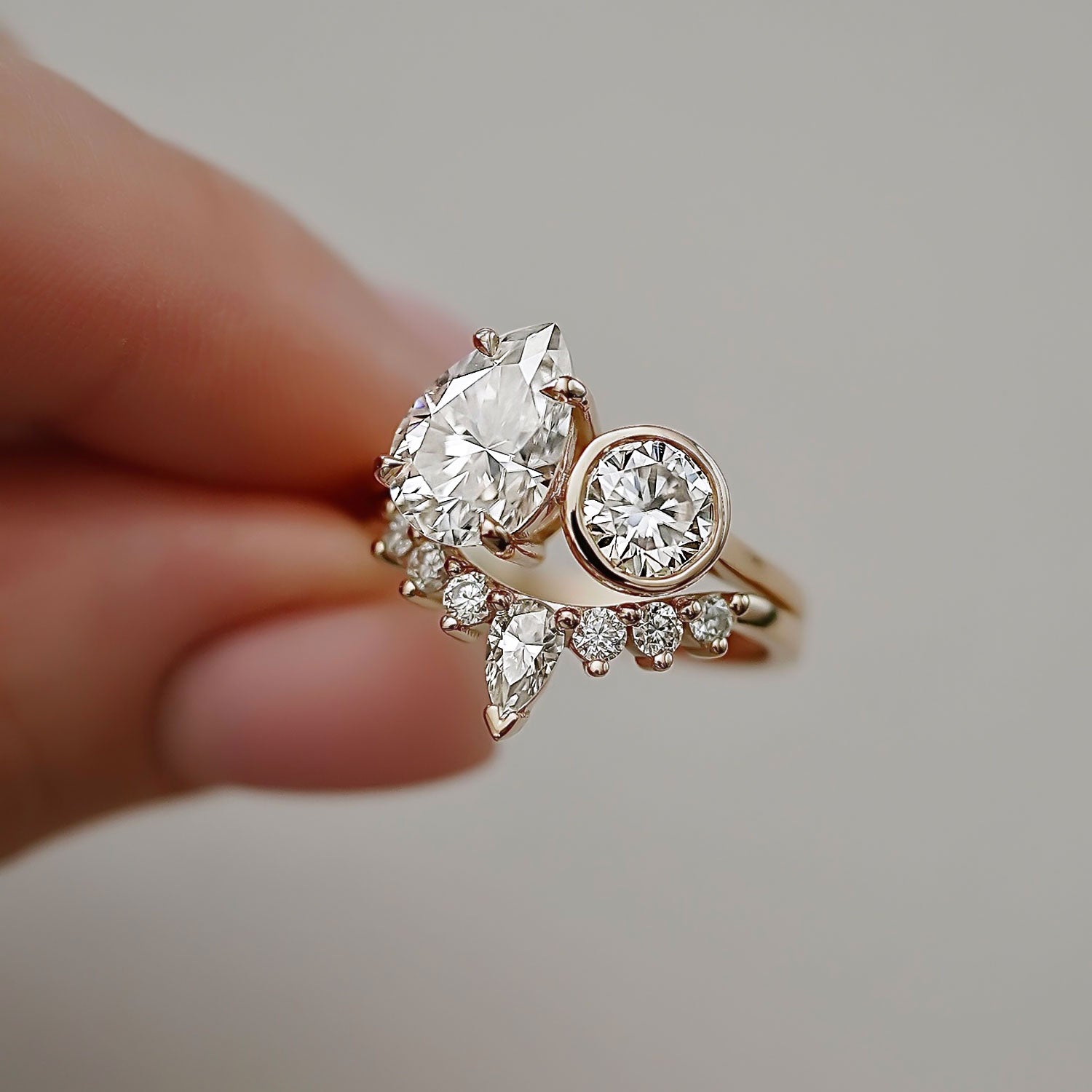Nous Toi et Moi Pear & Round Engagement Ring, Moissanite/Lab Diamond