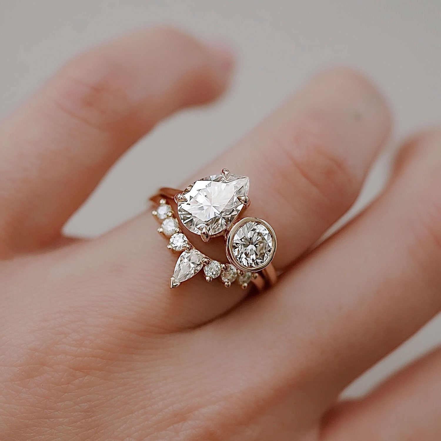 Bellisa Signature Nora Curved Wedding Ring, Pear With Round Brilliant