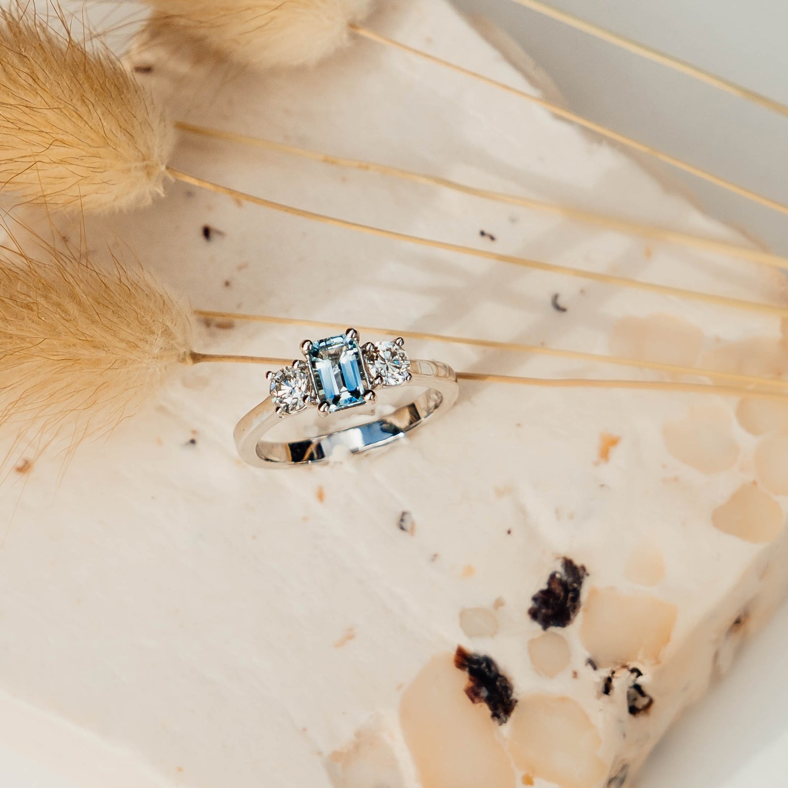 Ocean Glamour Aquamarine Three Stone Engagement Ring