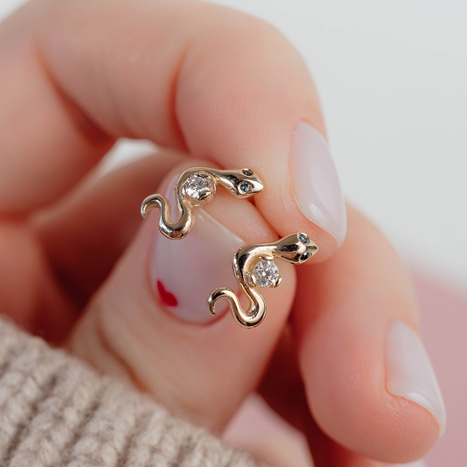 Rebirth Snake Stud Earrings, Natural Diamond & Emerald