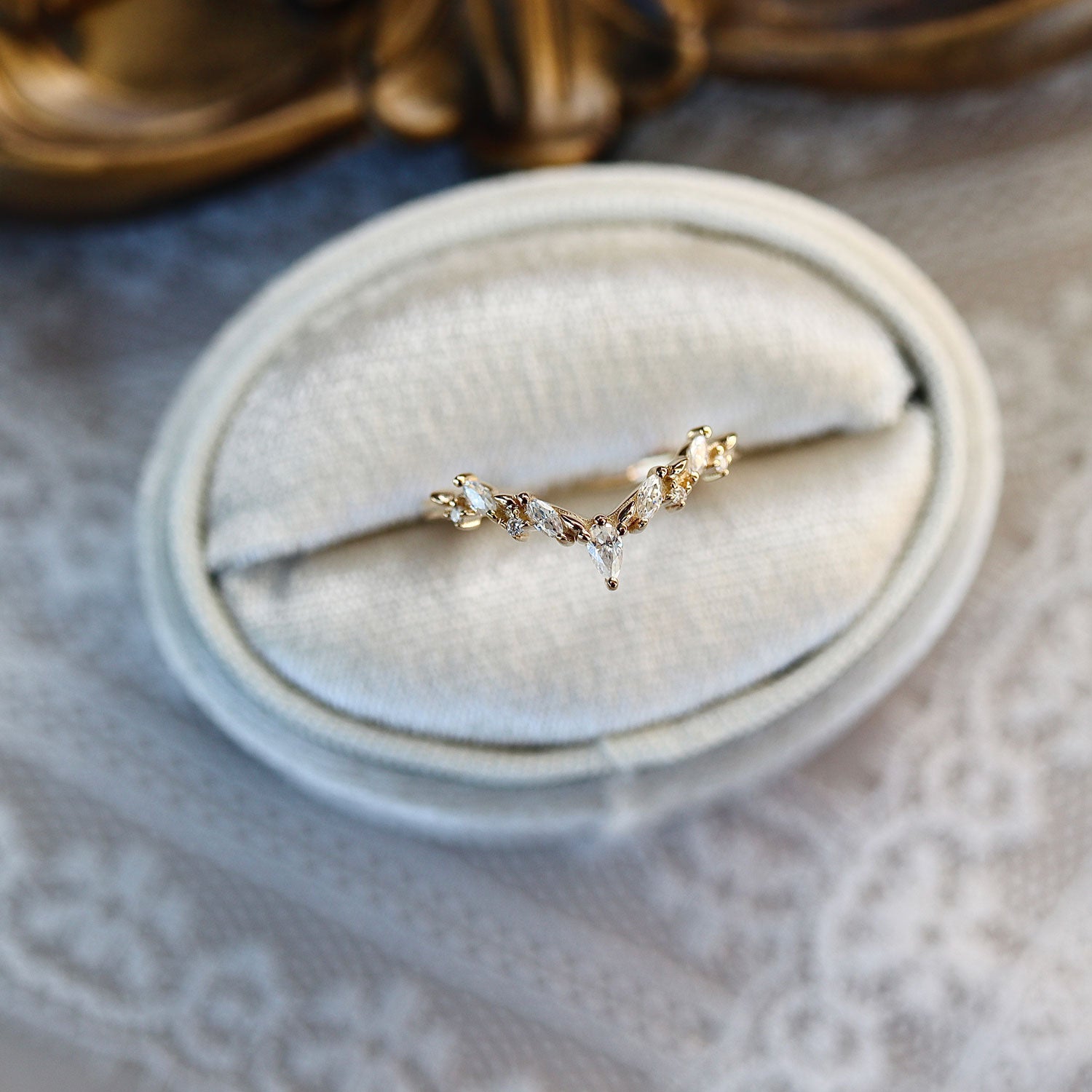 Curved Leaf Art Deco V Half Eternity Ring, Pear With Round